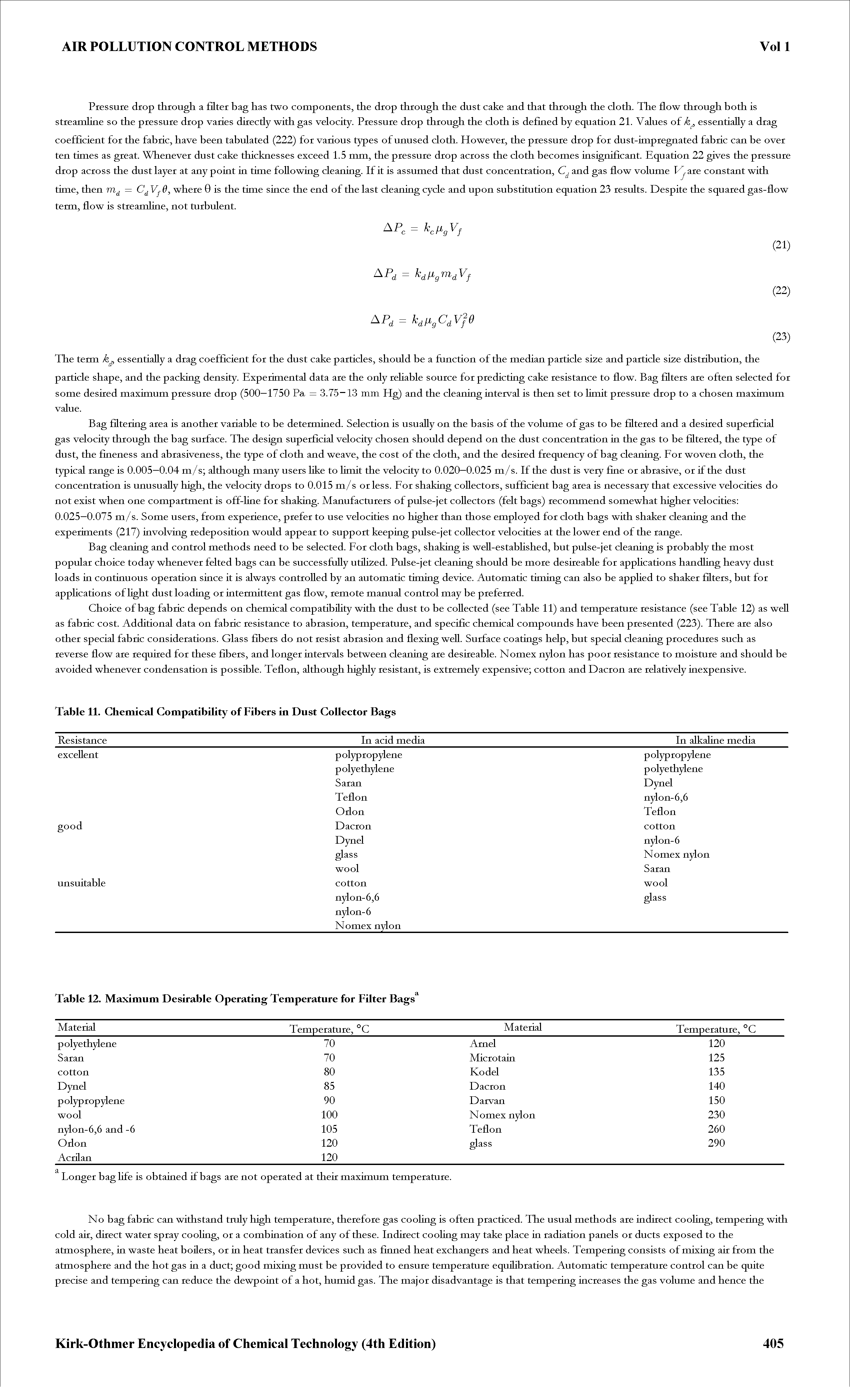 Table 11. Chemical Compatibility of Fibers in Dust Collector Bags...