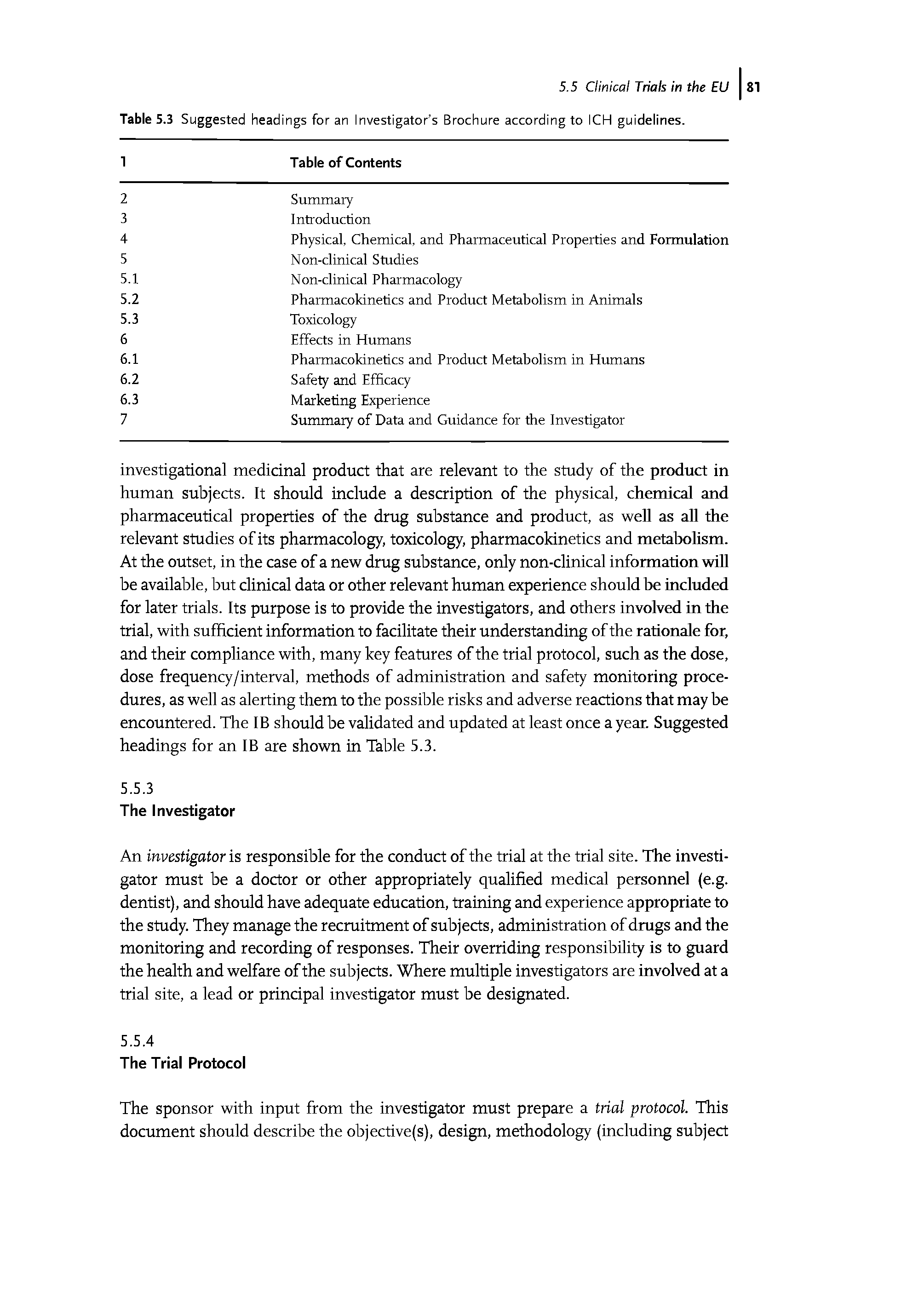 Table 5.3 Suggested headings for an Investigator s Brochure according to ICH guidelines.