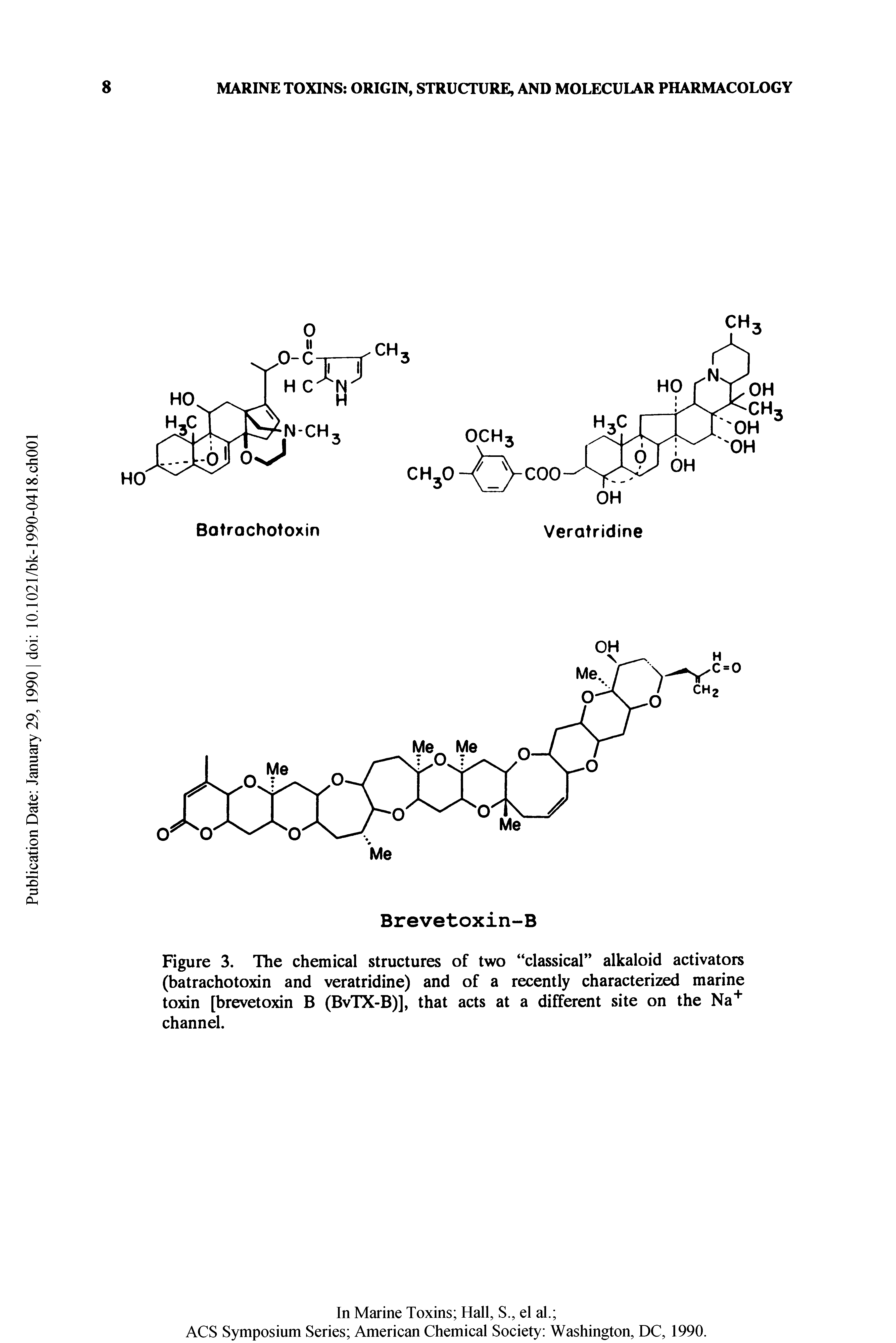 Figure 3. The chemical structures of two classical alkaloid activators (batrachotoxin and veratridine) and of a recently characterized marine toxin [brevetoxin B (BvTX-B)], that acts at a different site on the Na channel.
