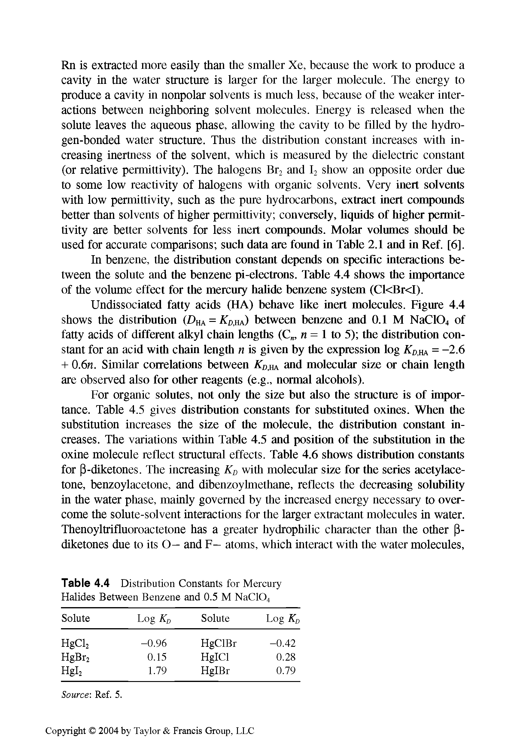 Table 4.4 Distribution Constants for Mercury Halides Between Benzene and 0.5 M NaClO,...