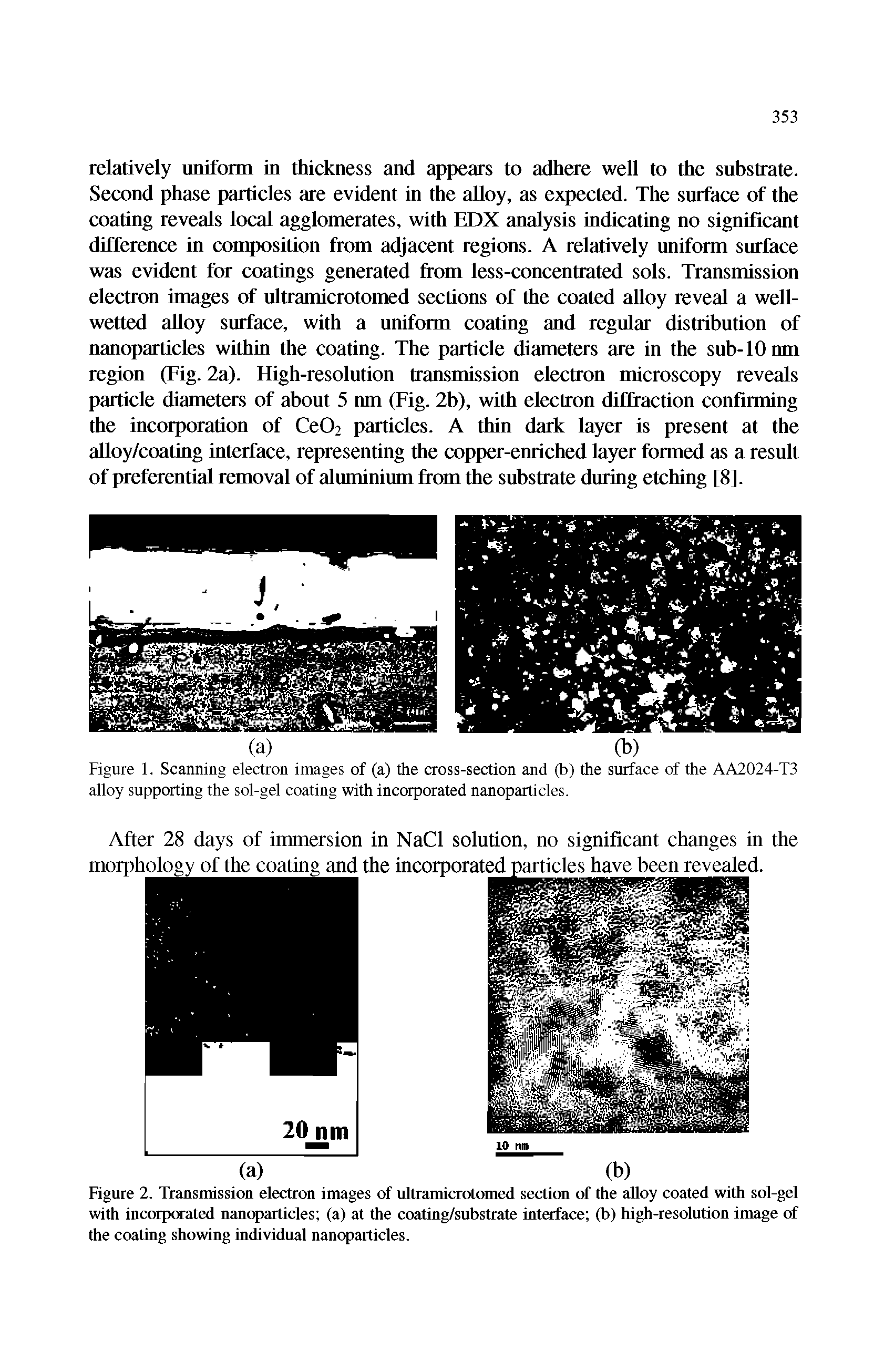 Figure 2. Transmission electron images of ultramicrotomed section of the alloy coated with sol-gel with incorporated nanoparticles (a) at the coating/substrate interface (b) high-resolution image of the coating showing individual nanoparticles.