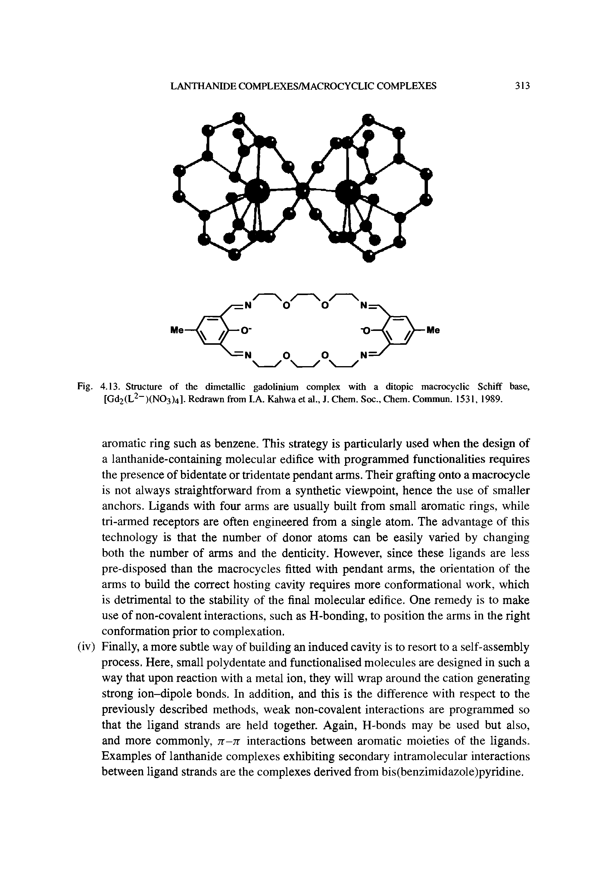 Fig. 4.13. Structure of the dimetallic gadolinium complex with a ditopic macrocyclic Schiff base, [Gd2(L2 )(N03)4], Redrawn from I.A. Kahwa et al., J. Chem. Soc., Chem. Coramun. 1531, 1989.