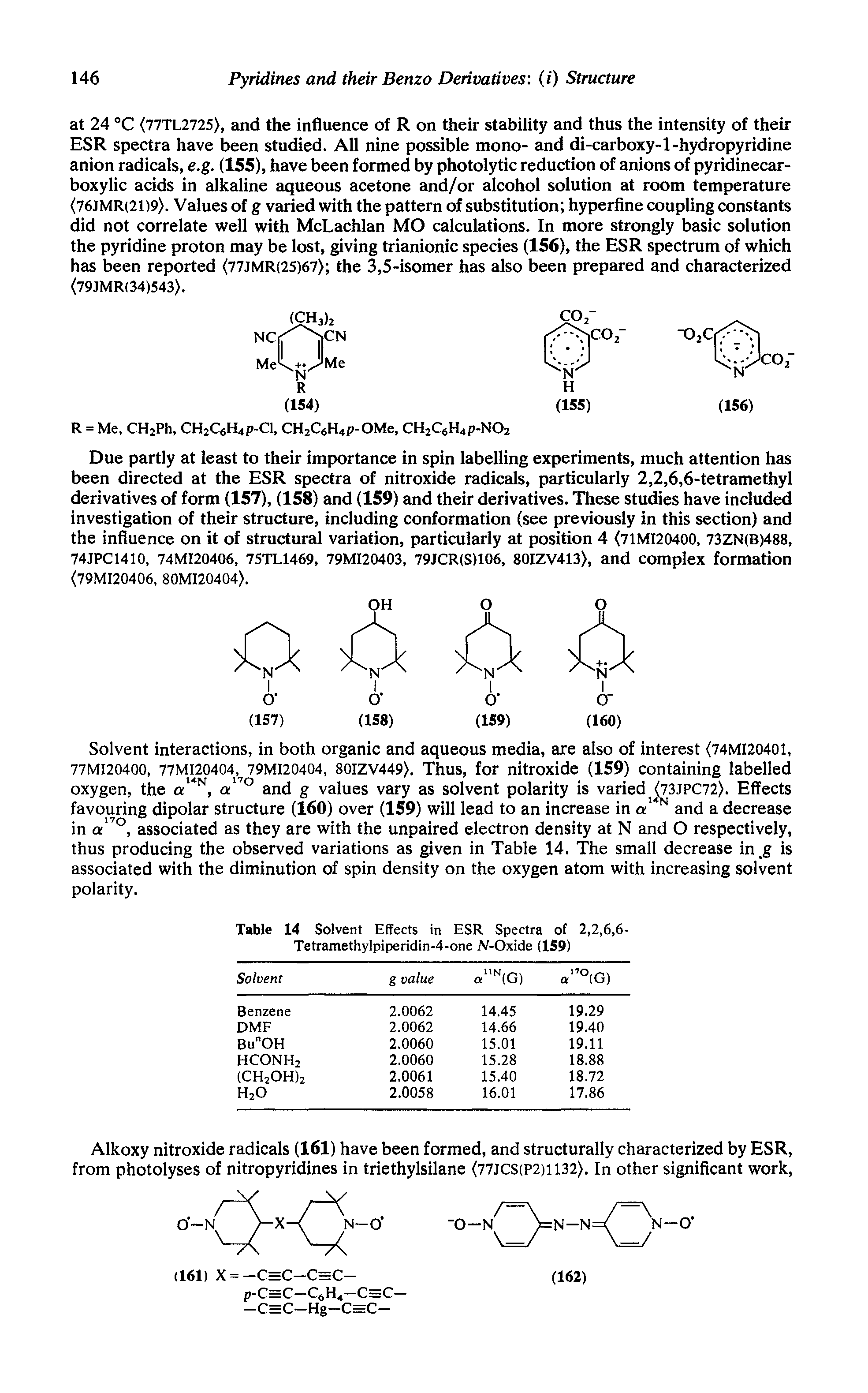 Table 14 Solvent Effects in ESR Spectra of 2,2,6,6-Tetramethylpiperidin-4-one N-Oxide (159)...