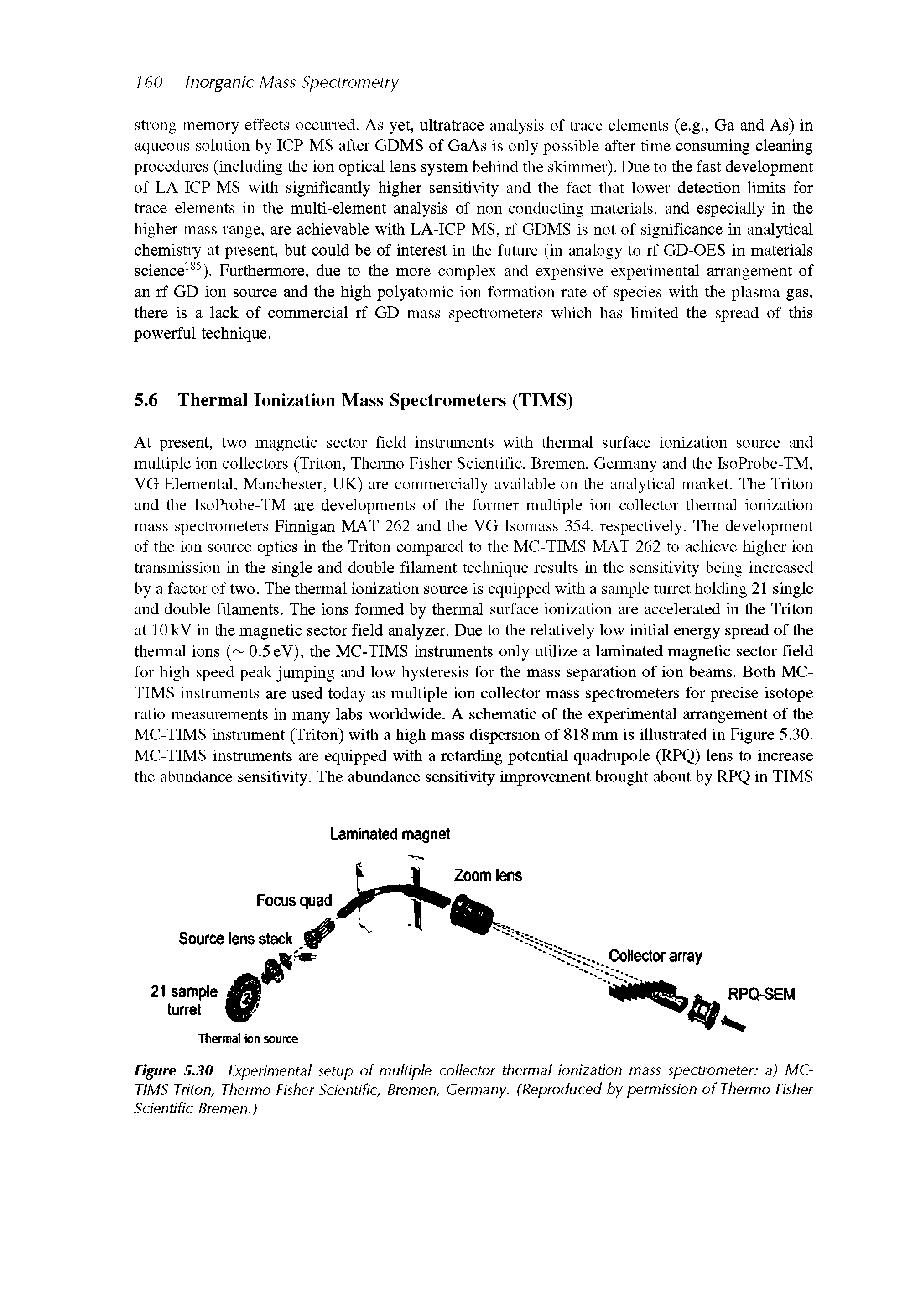 Figure 5.30 Experimental setup of multiple collector thermal ionization mass spectrometer a) MC-TIMS Triton, Thermo Fisher Scientific, Bremen, Germany. (Reproduced by permission of Thermo Fisher Scientific Bremen.)...