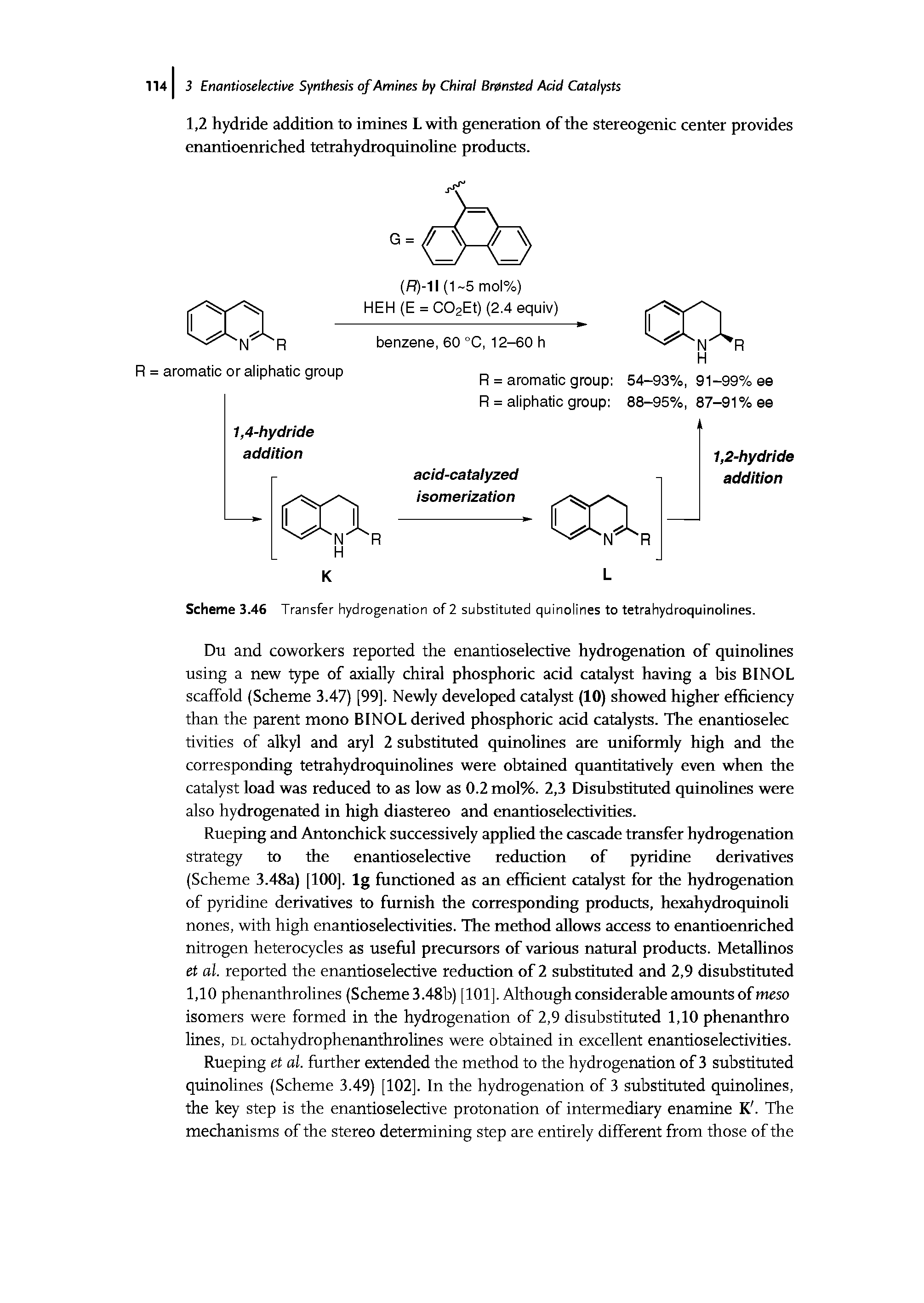 Scheme 3.46 Transfer hydrogenation of 2 substituted quinolines to tetrahydroquinolines.