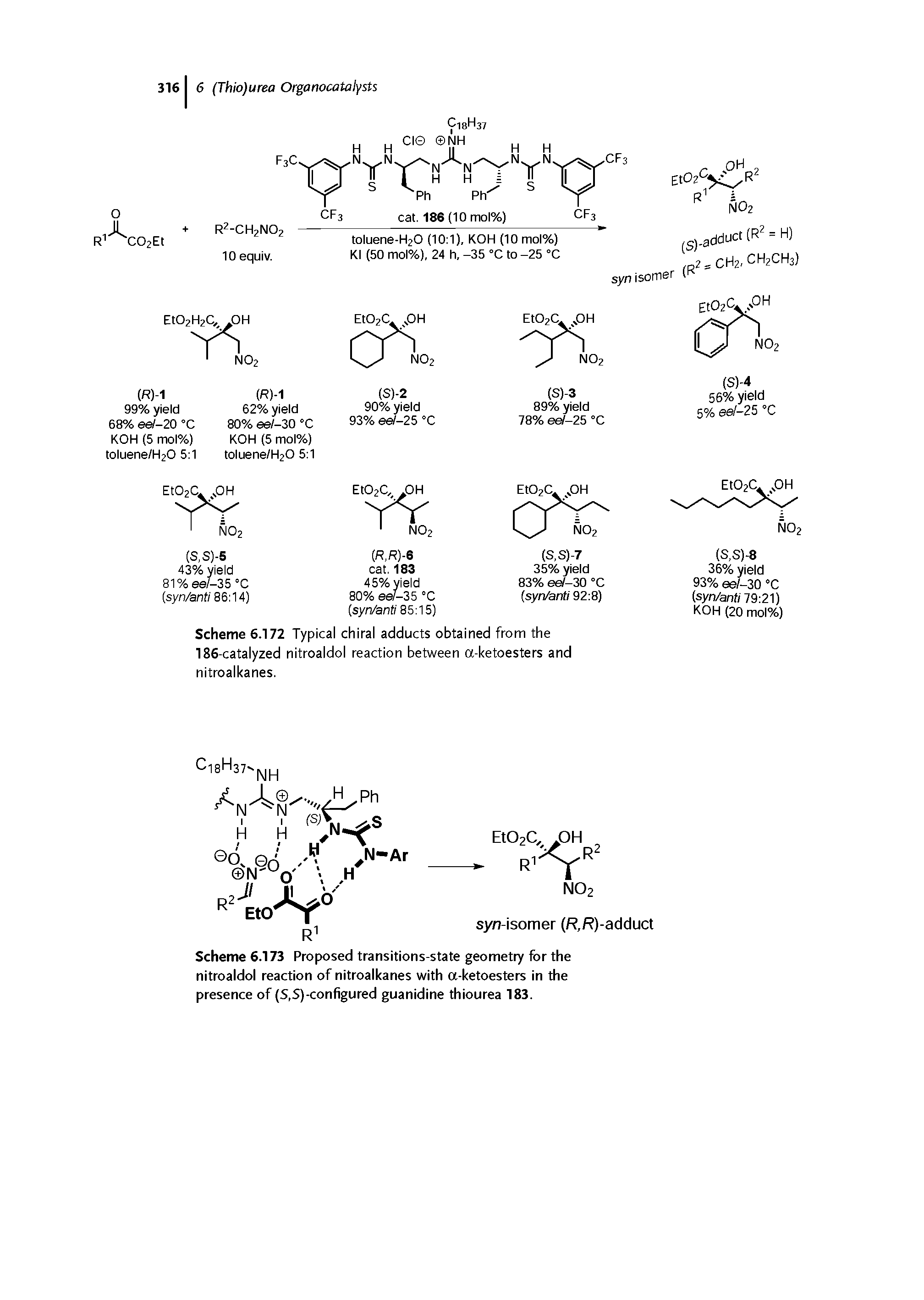 Scheme 6.173 Proposed transitions-state geometry for the nitroaldol reaction of nitroalkanes with a-ketoesters in the presence of (S,S)-configured guanidine thiourea 183.