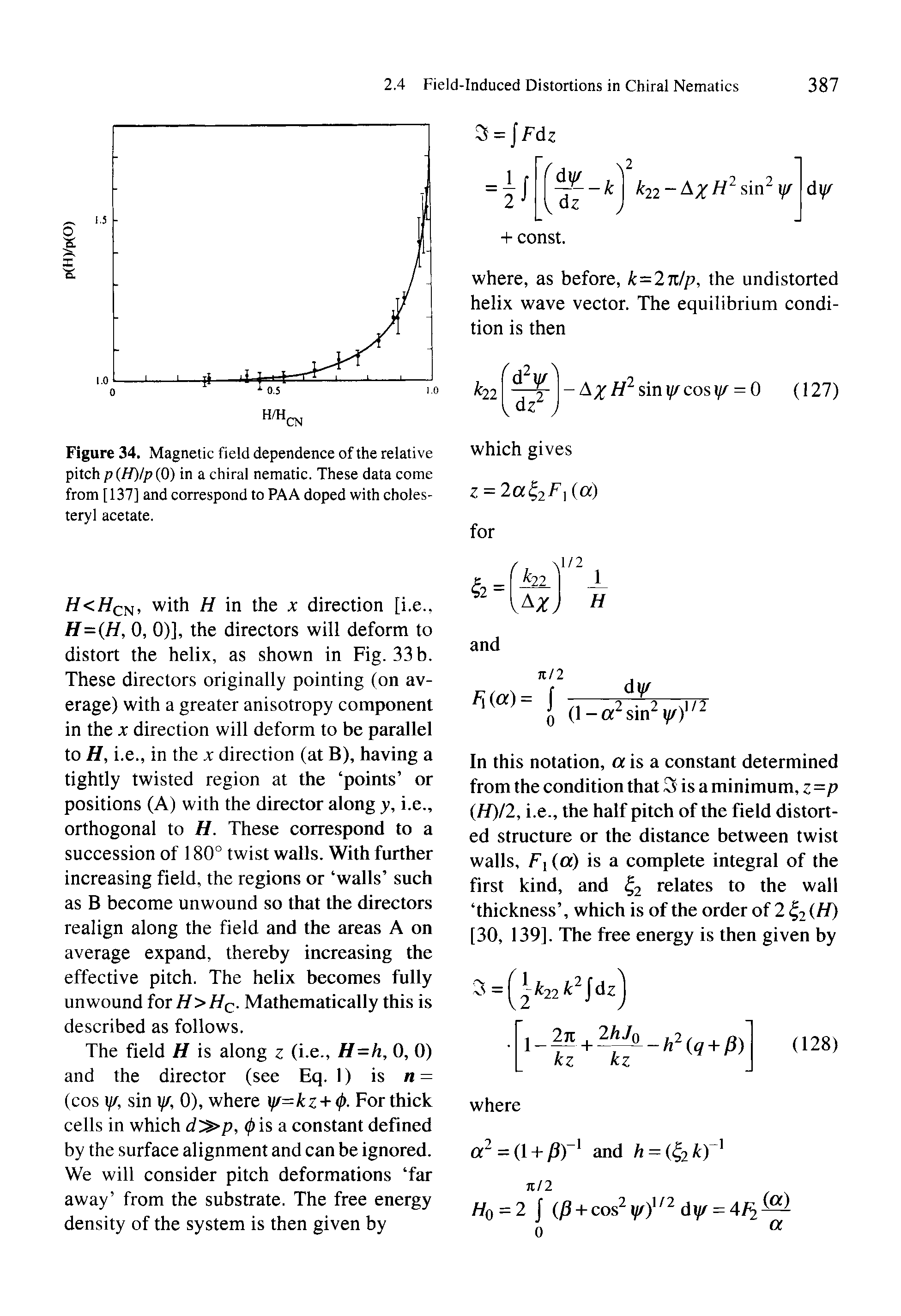 Figure 34. Magnetic field dependence of the relative pitch p (H)/p (0) in a chiral nematic. These data come from [137] and correspond to PAA doped with choles-teryl acetate.