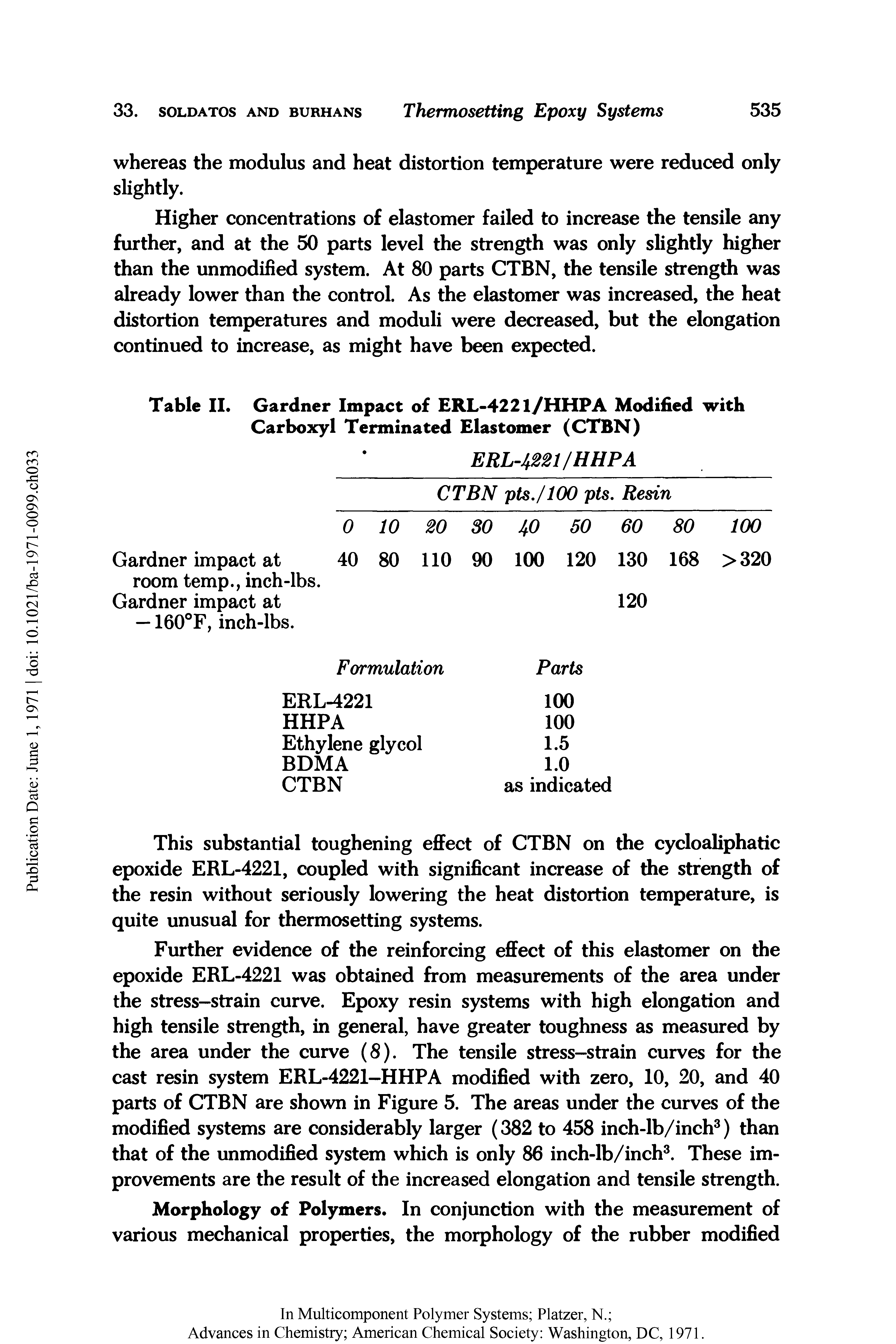 Table II. Gardner Impact of ERL-4221/HHPA Modified with Carboxyl Terminated Elastomer (CTBN)...