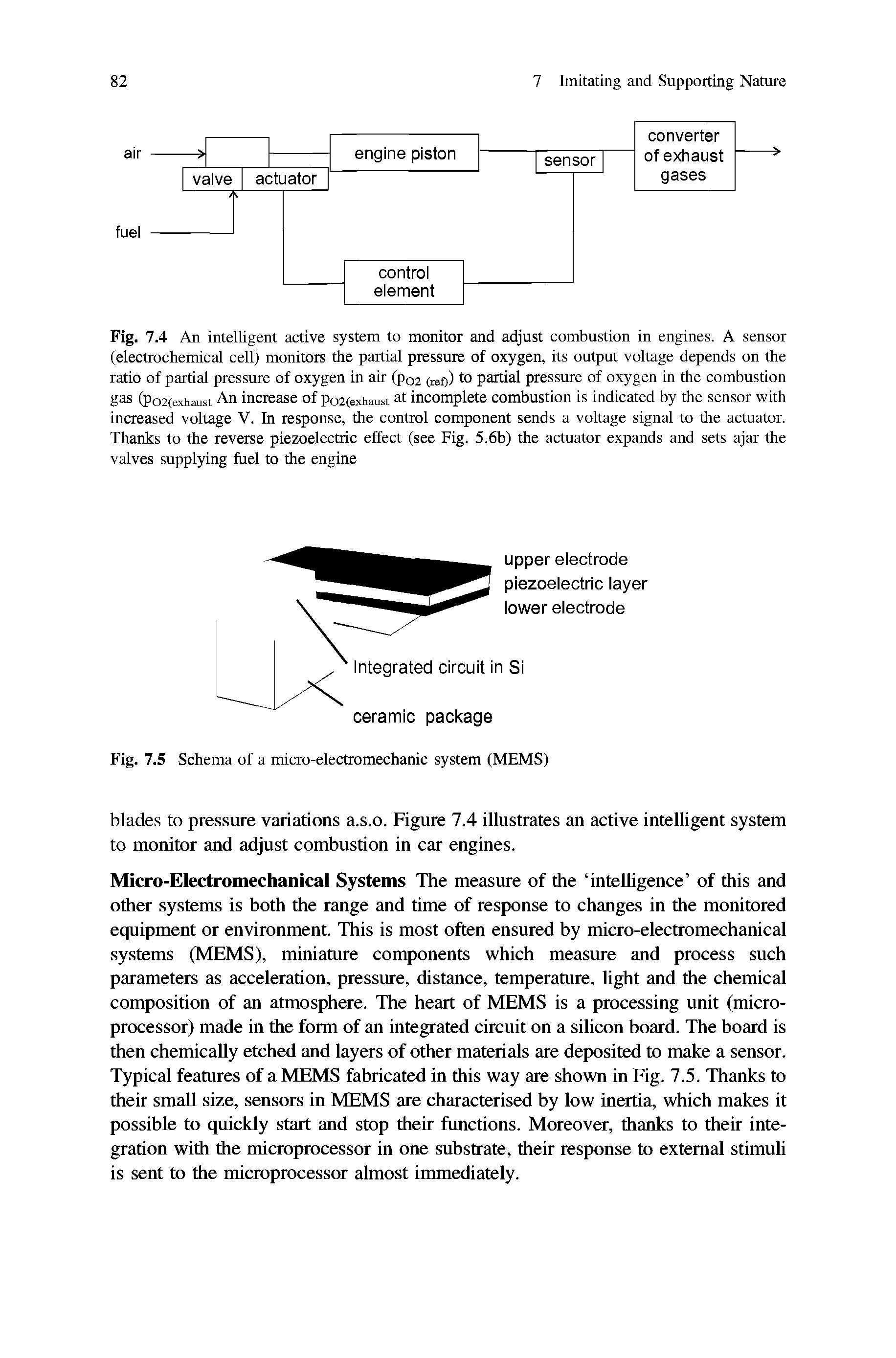 Fig. 7.4 An intelligent active system to monitor and adjust combustion in engines. A sensor (electrochemical cell) monitors the partial pressure of oxygen, its output voltage depends on the ratio of partial pressure of oxygen in air (po2 (ref)) to partial pressure of oxygen in the combustion gas (po2(exhaust An increase of po2(exhaust at incomplete combustion is indicated by the sensor with increased voltage V. In response, the control component sends a voltage signal to the actuator. Thanks to the reverse piezoelectric effect (see Pig. 5.6b) the actuator expands and sets ajar the valves supplying fuel to the engine...