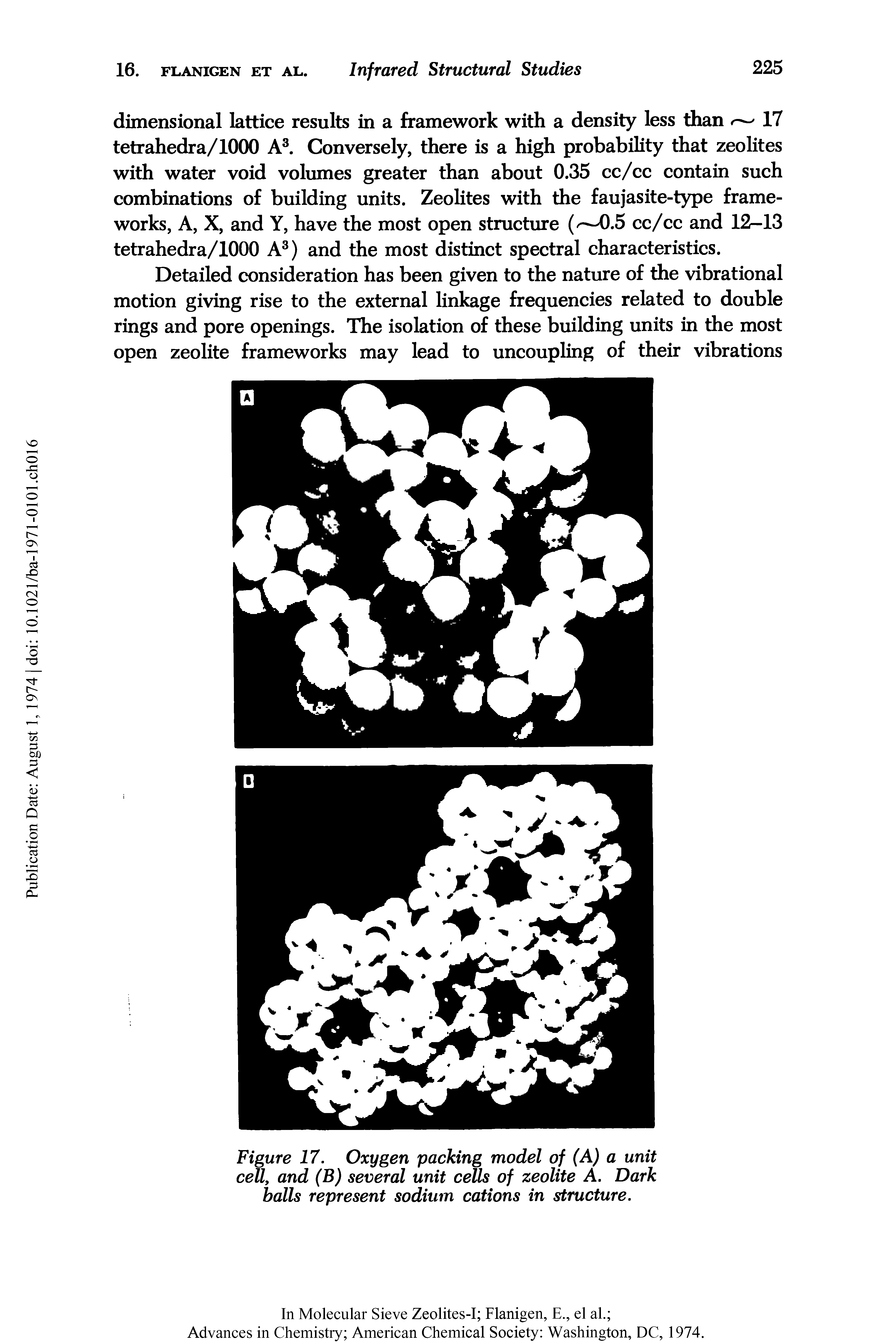 Figure 17. Oxygen packing model of (A) a unit cell, and (B) several unit cells of zeolite A. Dark balls represent sodium cations in structure.