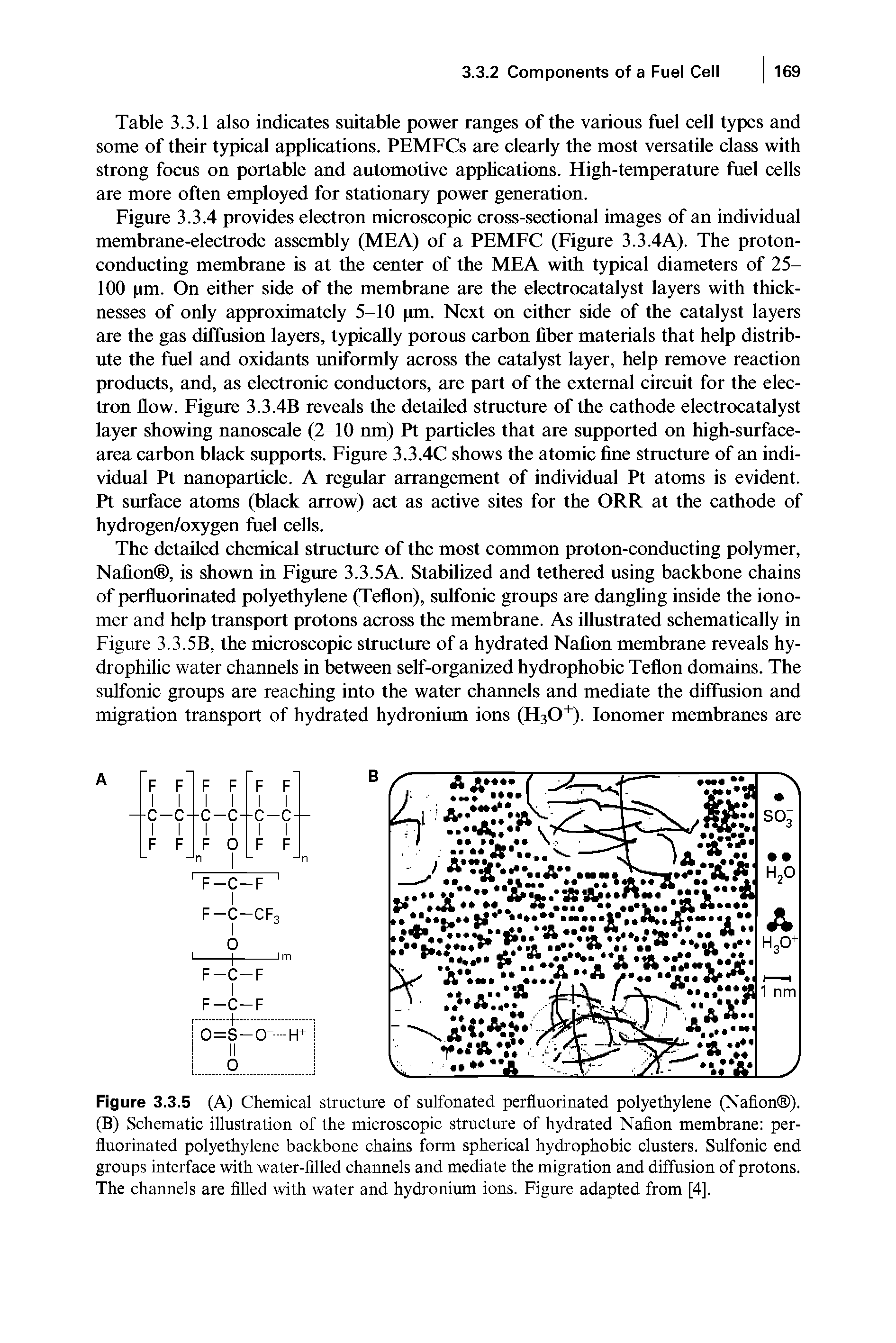 Figure 3.3.5 (A) Chemical structure of sulfonated perfluorinated polyethylene (Nafion ). (B) Schematic illustration of the microscopic structure of hydrated Nafion membrane perfluorinated polyethylene backbone chains form spherical hydrophobic clusters. Sulfonic end groups interface with water-filled channels and mediate the migration and diffusion of protons. The channels are filled with water and hydronium ions. Figure adapted from [4].