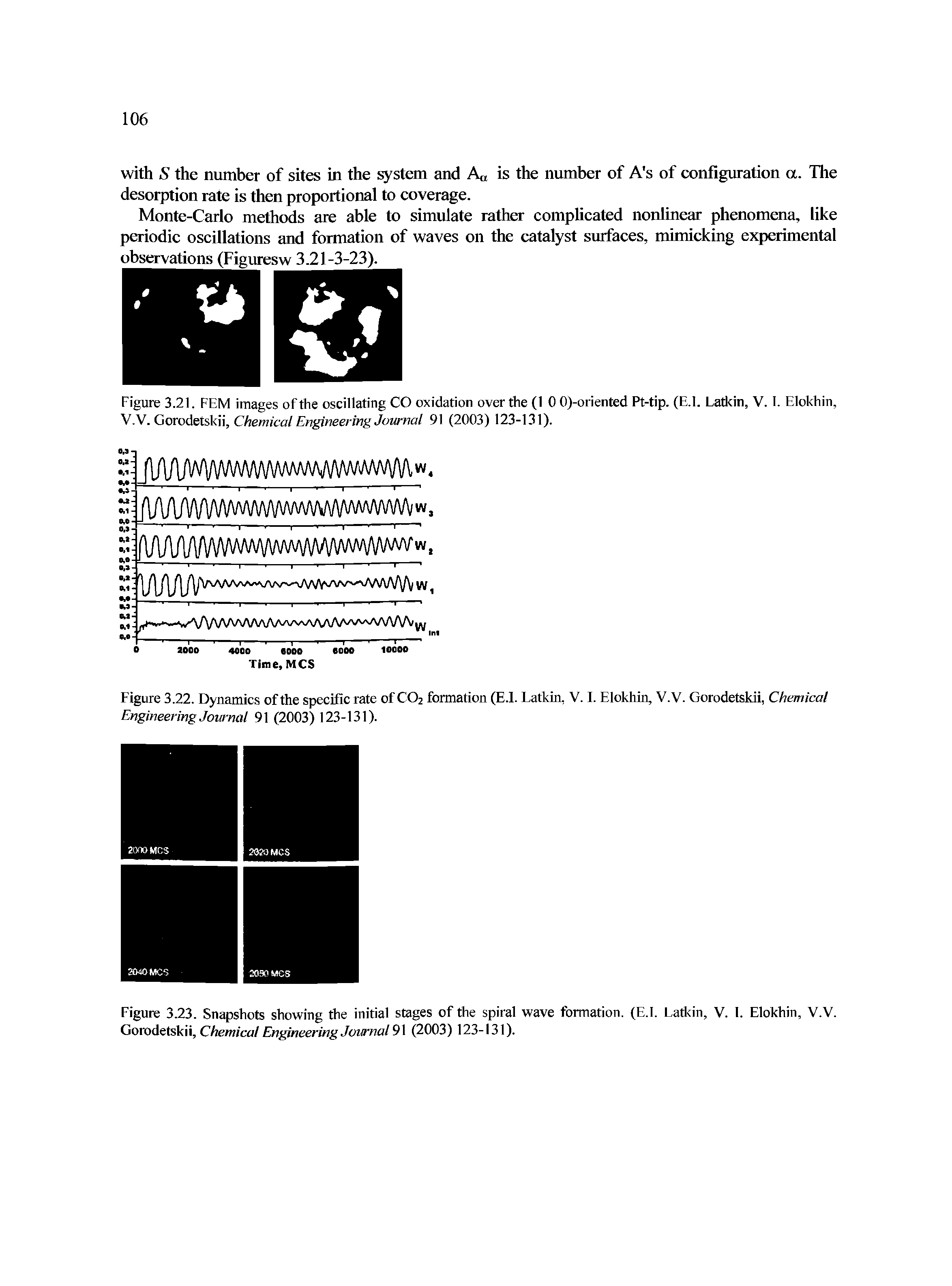 Figure 3.23. Snapshots showing the initial stages of the spiral wave formation. (E.I. Latkin, V. 1. Elokhin, V.V. Gorodetskii, Chemical Engineering Journal 91 (2003) 123-131).