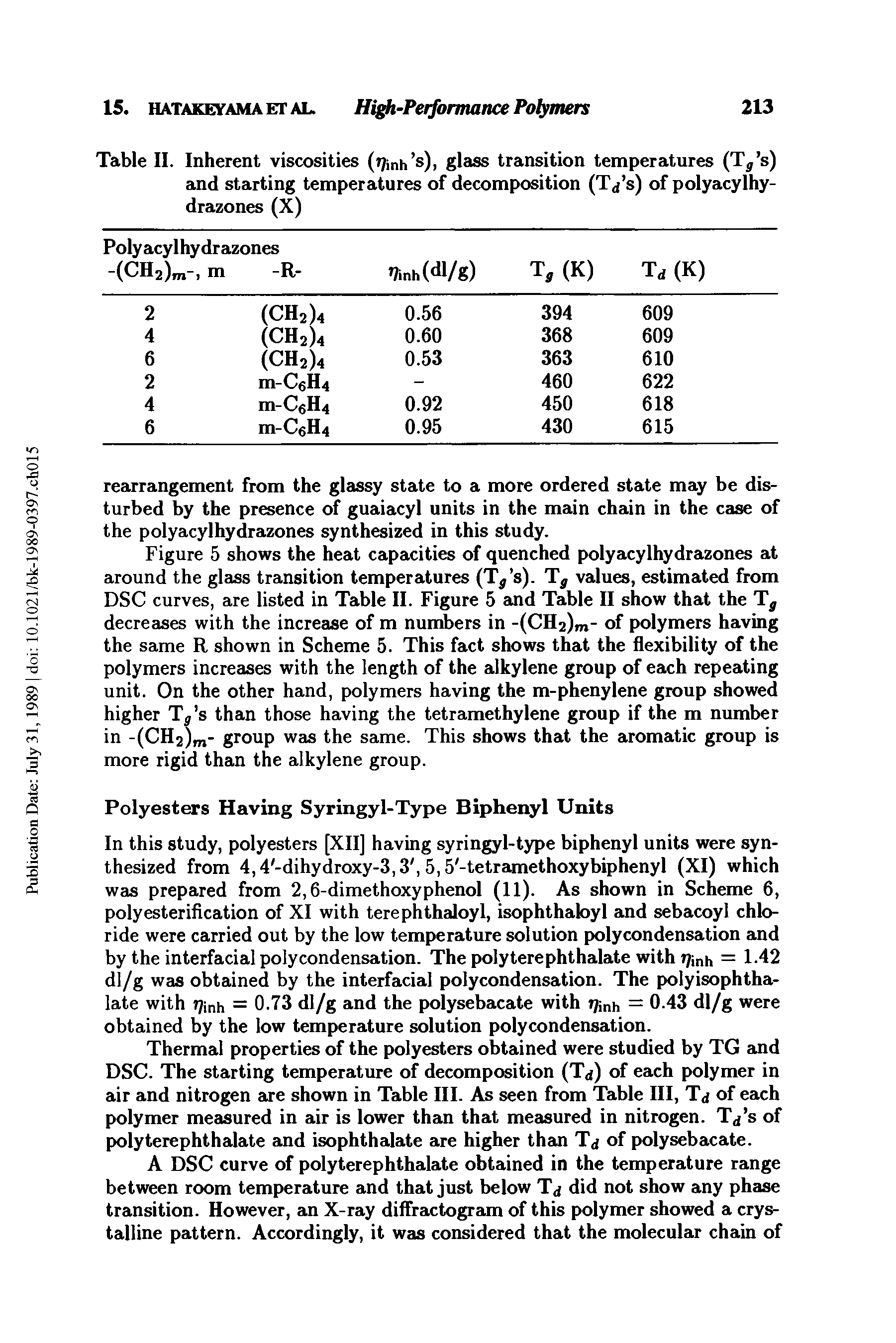 Table II. Inherent viscosities (tjinh s), glass transition temperatures (Ta s) and starting temperatures of decomposition (T<j s) of polyacylhy-drazones (X)...