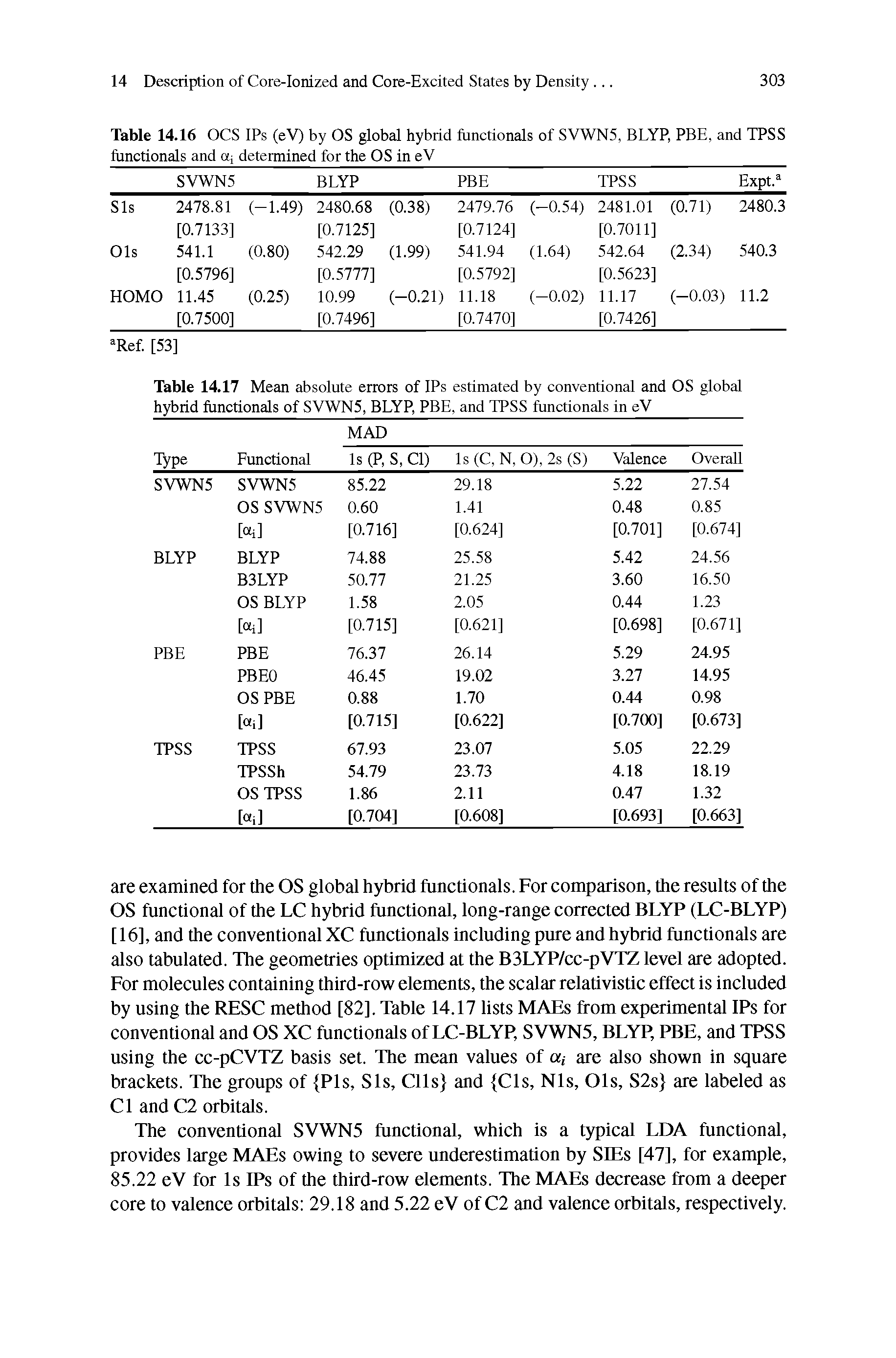 Table 14.16 OCS IPs (eV) by OS global hybrid functionals of SVWN5, BLYP, PBE, and TPSS functionals and Oj determined for the OS in eV...