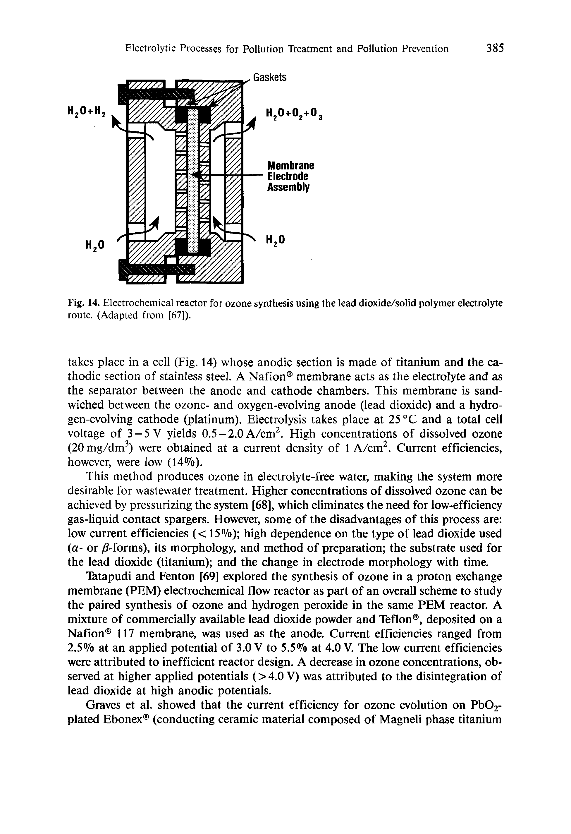 Fig. 14. Electrochemical reactor for ozone synthesis using the lead dioxide/solid polymer electrolyte route. (Adapted from [67]).