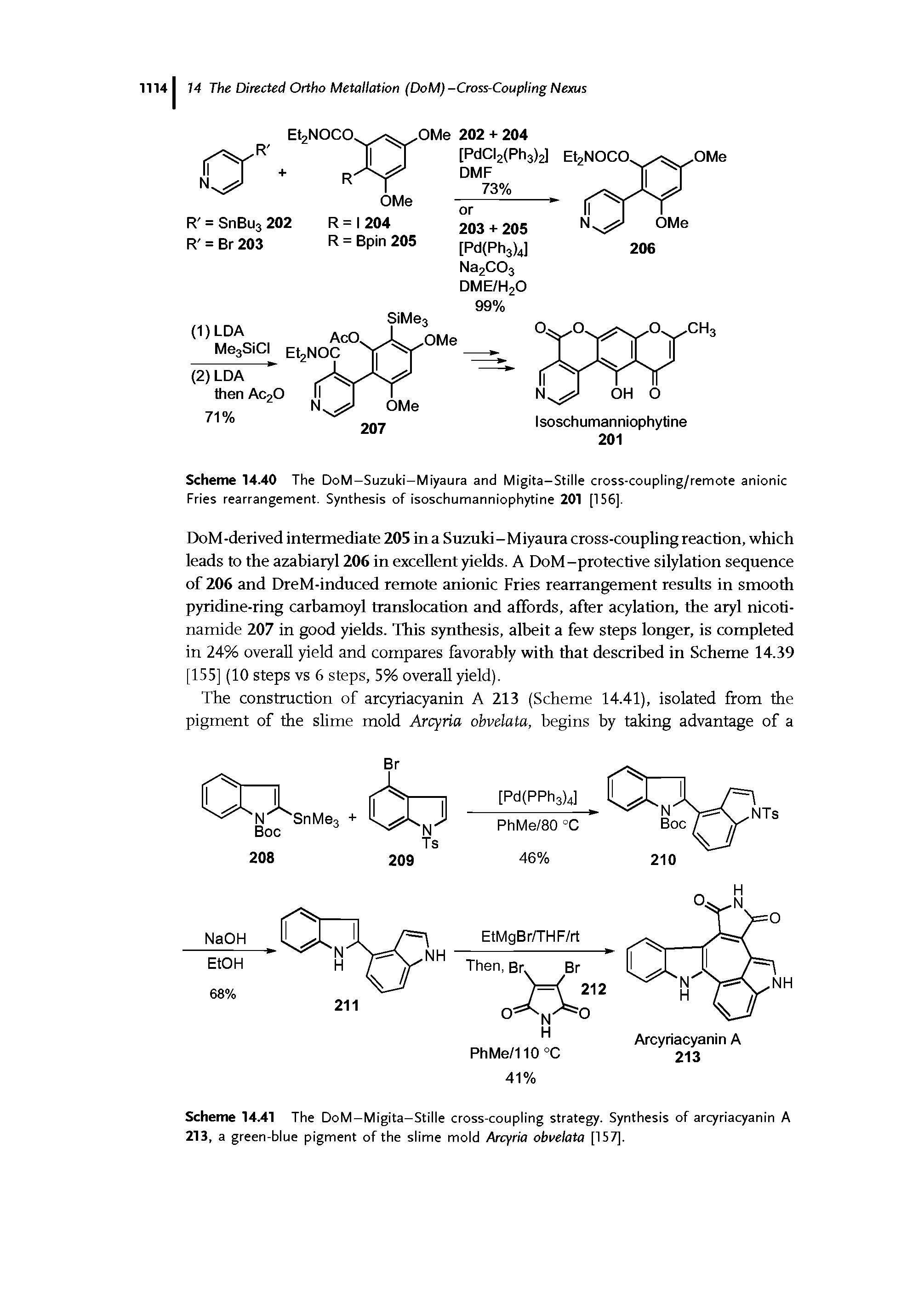 Scheme 14.40 The DoM-Suzuki-Miyaura and Migita-Stille cross-coupling/remote anionic Fries rearrangement. Synthesis of isoschumanniophytine 201 (156).