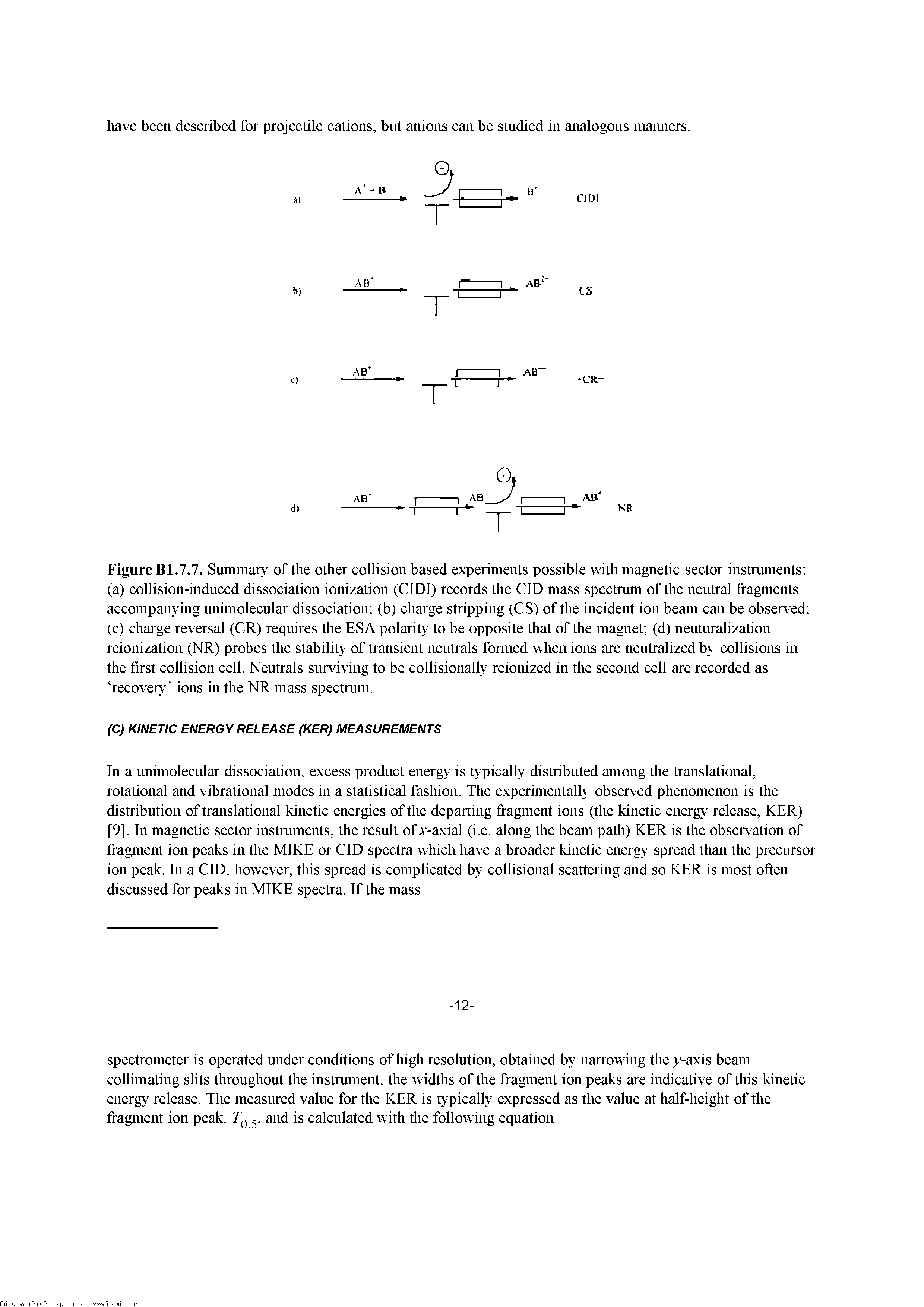 Figure Bl.7.7. Summary of the other collision based experiments possible with magnetic sector instruments (a) collision-mduced dissociation ionization (CIDI) records the CID mass spectrum of the neutral fragments accompanying imimolecular dissociation (b) charge stripping (CS) of the incident ion beam can be observed (c) charge reversal (CR) requires the ESA polarity to be opposite that of the magnet (d) neutiiralization-reionization (NR) probes the stability of transient neutrals fonned when ions are neutralized by collisions in the first collision cell. Neutrals surviving to be collisionally reionized in the second cell are recorded as recovery ions in the NR mass spectrum.