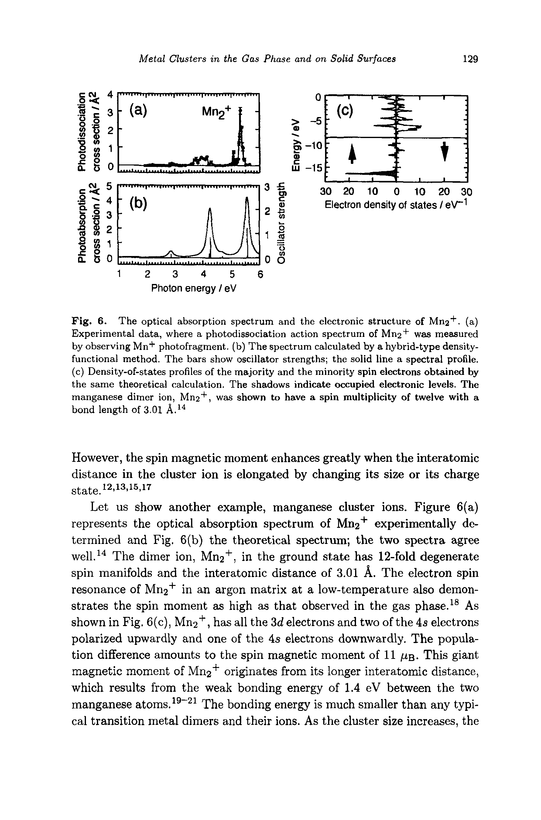 Fig. 6. The optical absorption spectrum and the electronic structure of Mn2". (a) Experimental data, where a photodissociation action spectrum of Mn2 was measured by observing Mn" " photofragment, (b) The spectrum calculated by a hybrid-type density-functional method. The bars show oscillator strengths the solid line a spectral profile, (c) Density-of-states profiles of the majority and the minority spin electrons obtained by the same theoretical calculation. The shadows indicate occupied electronic levels. The manganese dimer ion, Mn2 ", was shown to have a spin multiplicity of twelve with a bond length of 3.01 A. ...