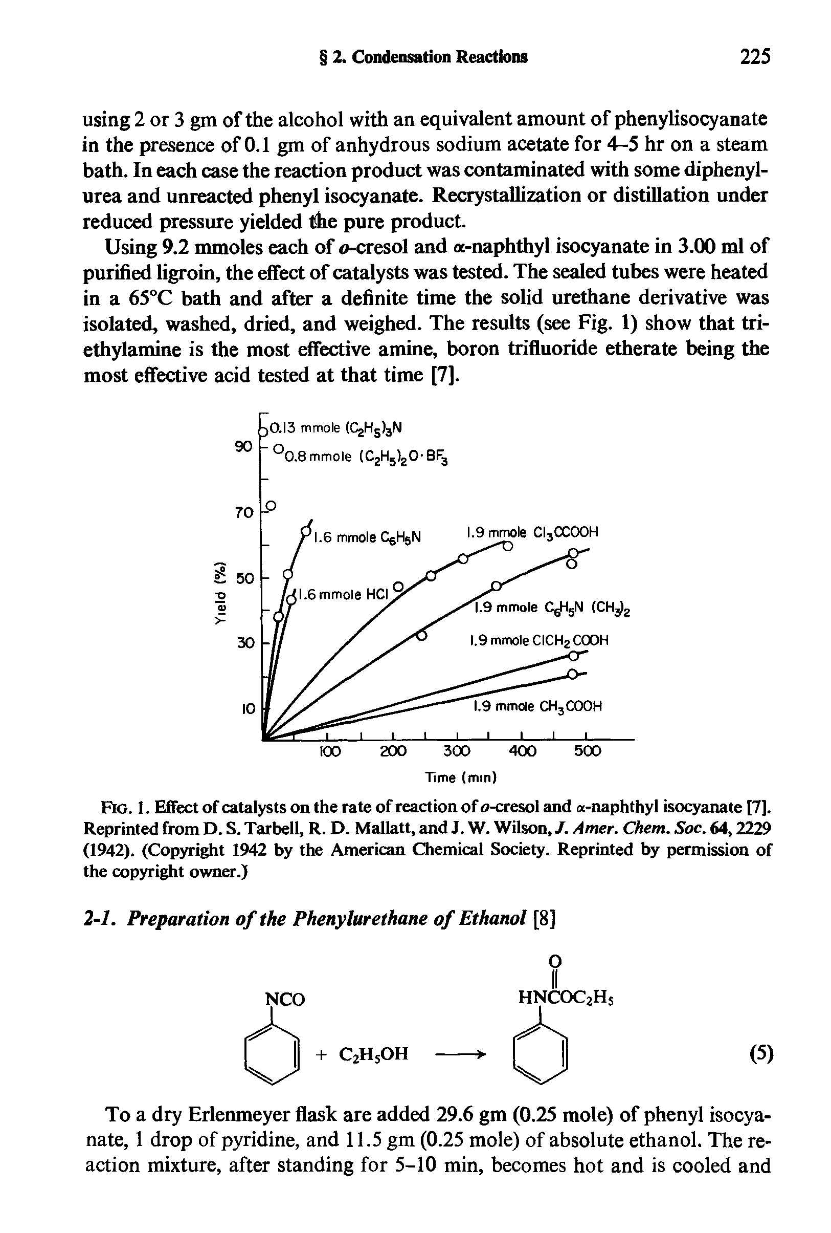 Fig. 1. Effect of catalysts on the rate of reaction of o-cresol and a-naphthyl isocyanate [7]. Reprinted from D. S. Tarbell, R. D. Mallatt, and J. W. Wilson, J. Amer. Chem. Soc. 64,2229 (1942). (Copyright 1942 by the American Chemical Society. Reprinted by permission of the copyright owner.)...