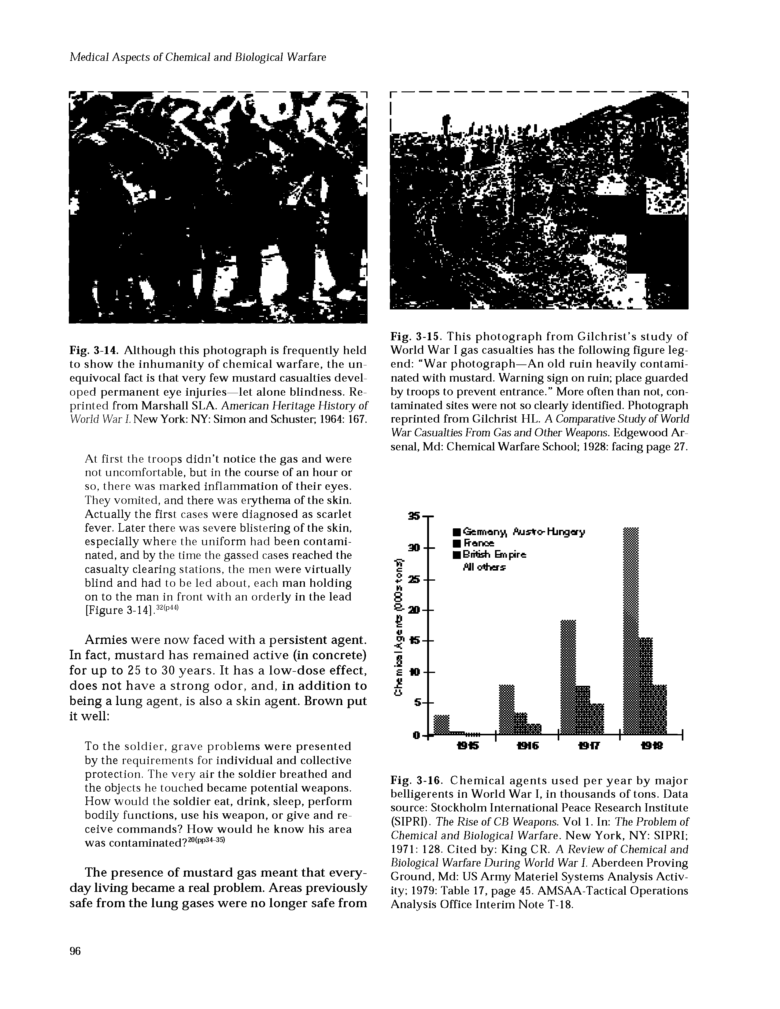 Fig. 3-16. Chemical agents used per year by major belligerents in World War I, in thousands of tons. Data source Stockholm International Peace Research Institute (SIPRI). The Rise of CB Weapons. Vol 1. In The Problem of Chemical and Biological Warfare. New York, NY SIPRI 1971 128. Cited by King CR. A Review of Chemical and Biological Warfare During World War I. Aberdeen Proving Ground, Md US Army Materiel Systems Analysis Activity 1979 Table 17, page 45. AMSAA-Tactical Operations Analysis Office Interim Note T-18.