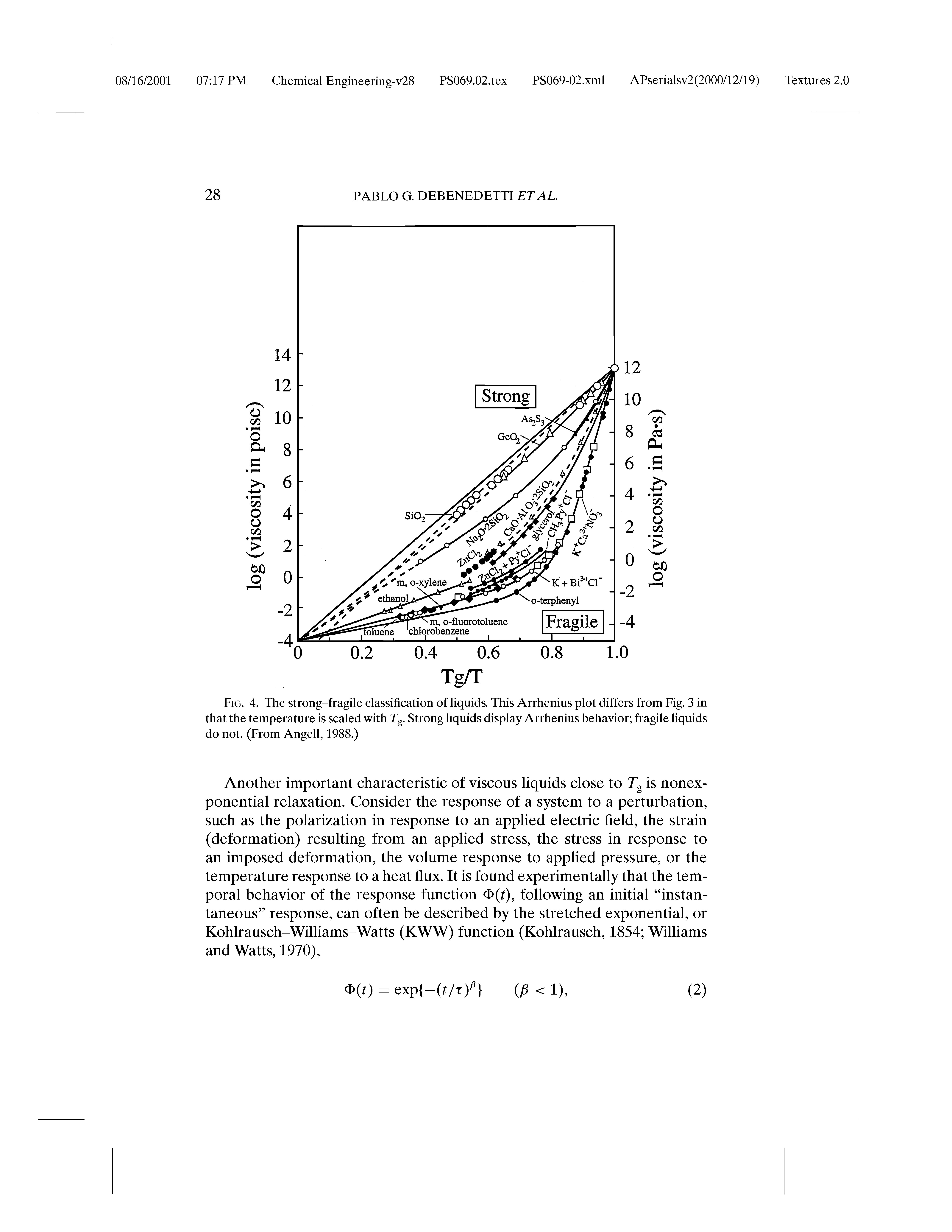 Fig. 4. The strong-fragile classification of liquids. This Arrhenius plot differs from Fig. 3 in that the temperature is scaled with Eg. Strong liquids display Arrhenius behavior fragile liquids do not. (From Angell, 1988.)...