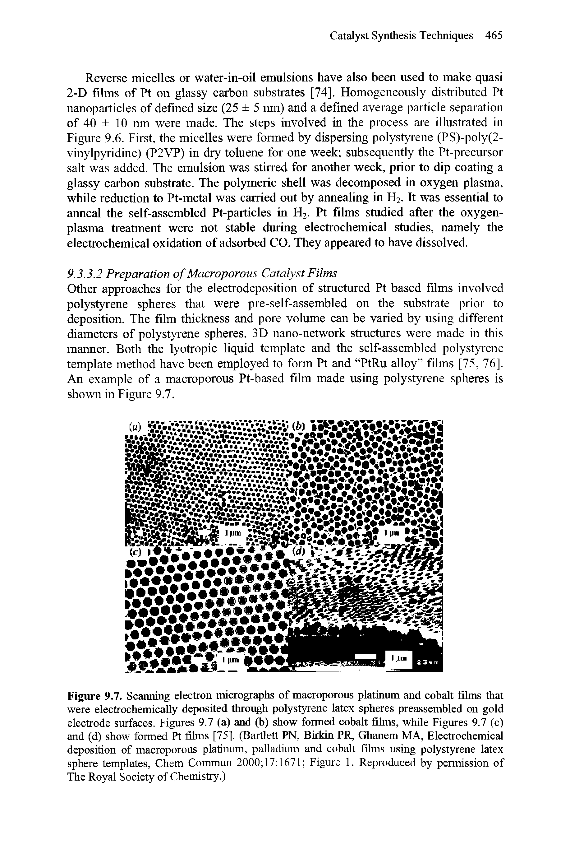 Figure 9.7. Scanning electron micrographs of macroporous platinum and cobalt films that were electrochemicaUy deposited through polystyrene latex spheres preassembled on gold electrode surfaces. Figures 9.7 (a) and (b) show formed cobalt films, while Figures 9.7 (c) and (d) show formed Pt films [75]. (Bartlett PN, Birkin PR, Ghanem MA, Electrochemical deposition of macroporous platinum, palladium and cobalt films using polystyrene latex sphere templates, Chem Commun 2000 17 1671 Figure 1. Reproduced by permission of The Royal Society of Chemistry.)...