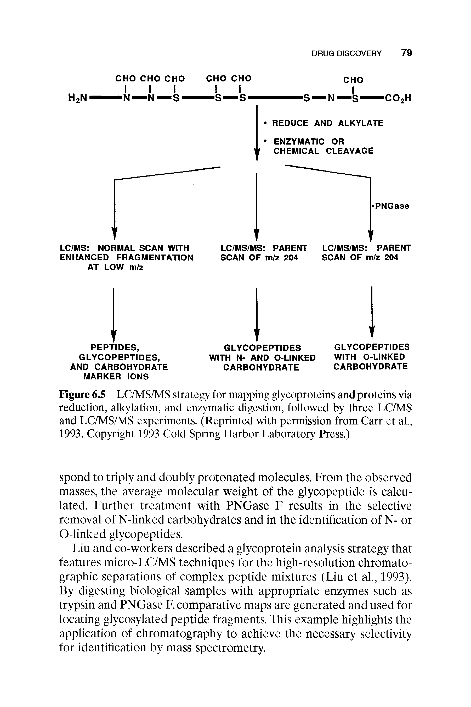 Figure 6.5 LC/MS/MS strategy for mapping glycoproteins and proteins via reduction, alkylation, and enzymatic digestion, followed by three LC/MS and LC/MS/MS experiments. (Reprinted with permission from Carr et al., 1993. Copyright 1993 Cold Spring Harbor Laboratory Press.)...