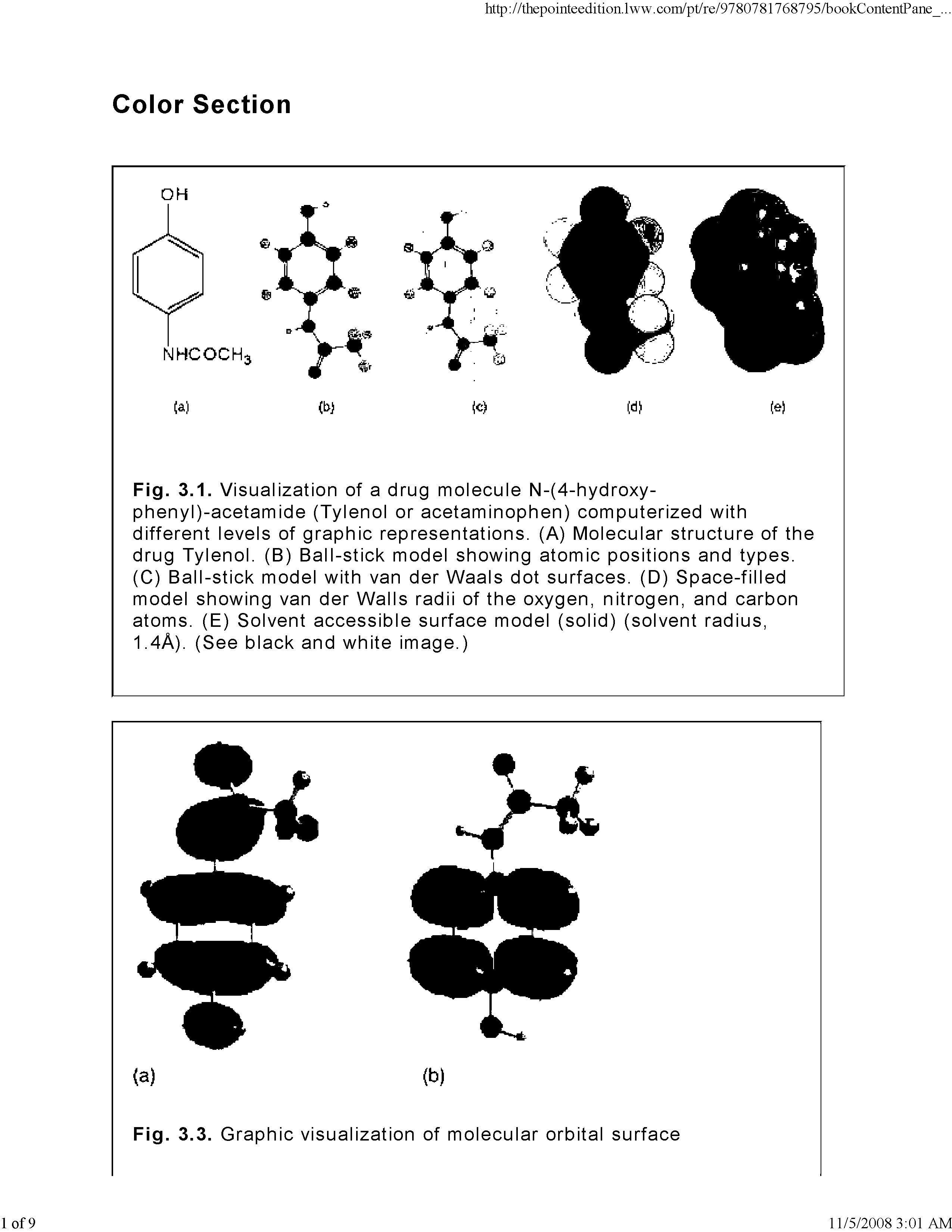 Fig. 3.1. Visualization of a drug molecule N-(4-hydroxy-phenyl)-acetamide (Tylenol or acetaminophen) computerized with different levels of graphic representations. (A) Molecular structure of the drug Tylenol. (B) Ball-stick model showing atomic positions and types. (C) Ball-stick model with van der Waals dot surfaces. (D) Space-filled model showing van der Walls radii of the oxygen, nitrogen, and carbon atoms. (E) Solvent accessible surface model (solid) (solvent radius, 1.4A). (See black and white image.)...