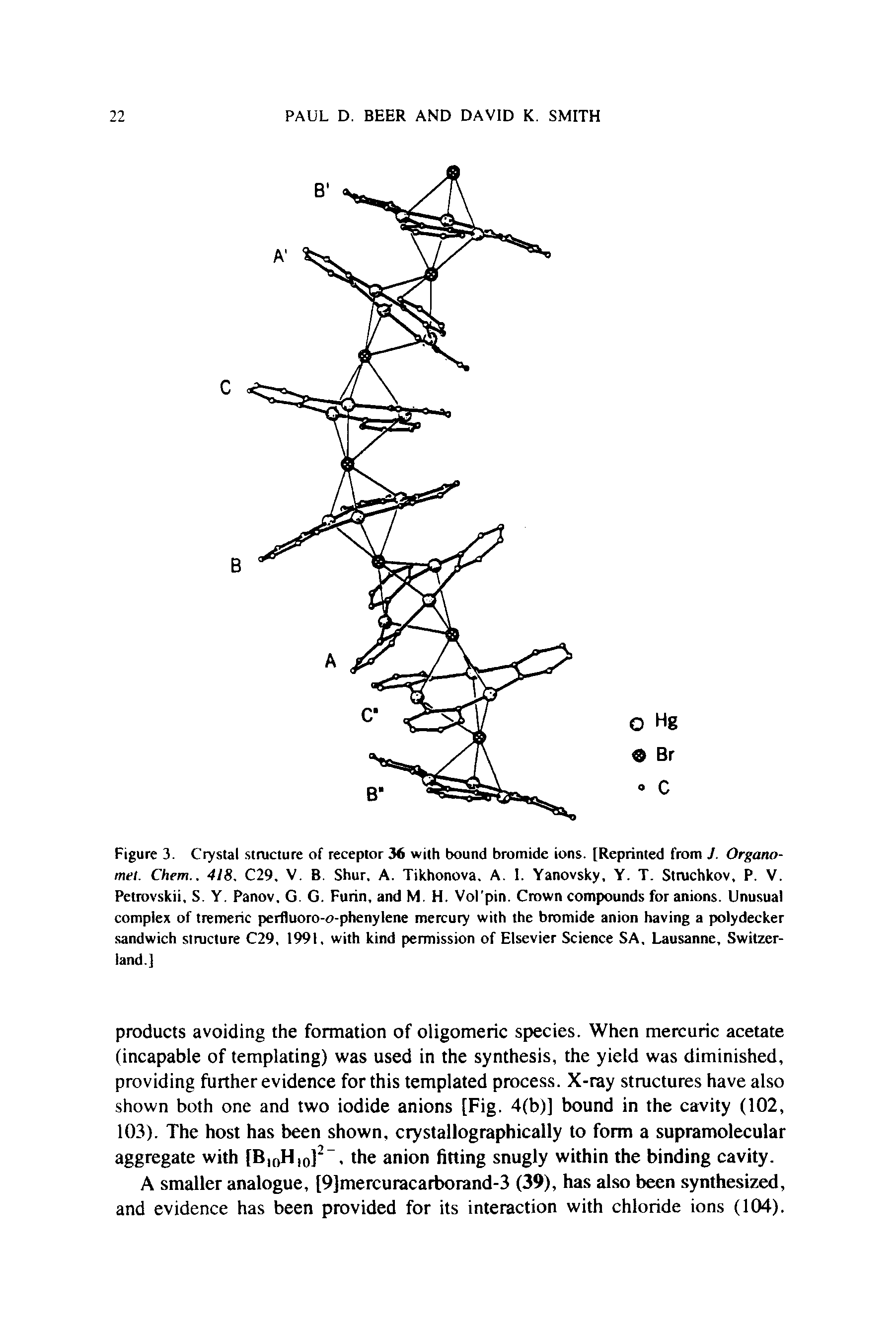Figure 3. Crystal structure of receptor 36 with bound bromide ions. [Reprinted from J. Organo-mel. Chem.. 418. C29. V. B. Shur, A. Tikhonova. A. I. Yanovsky, Y. T. Struchkov, P. V. Petrovskii, S. Y. Panov. G. G. Furin, and M. H. Vol pin. Crown compounds for anions. Unusual complex of tremeric perfluoro-o-phenylene mercury with the bromide anion having a polydecker sandwich structure C29, 1991, with kind permission of Elsevier Science SA, Lausanne, Switzerland.]...
