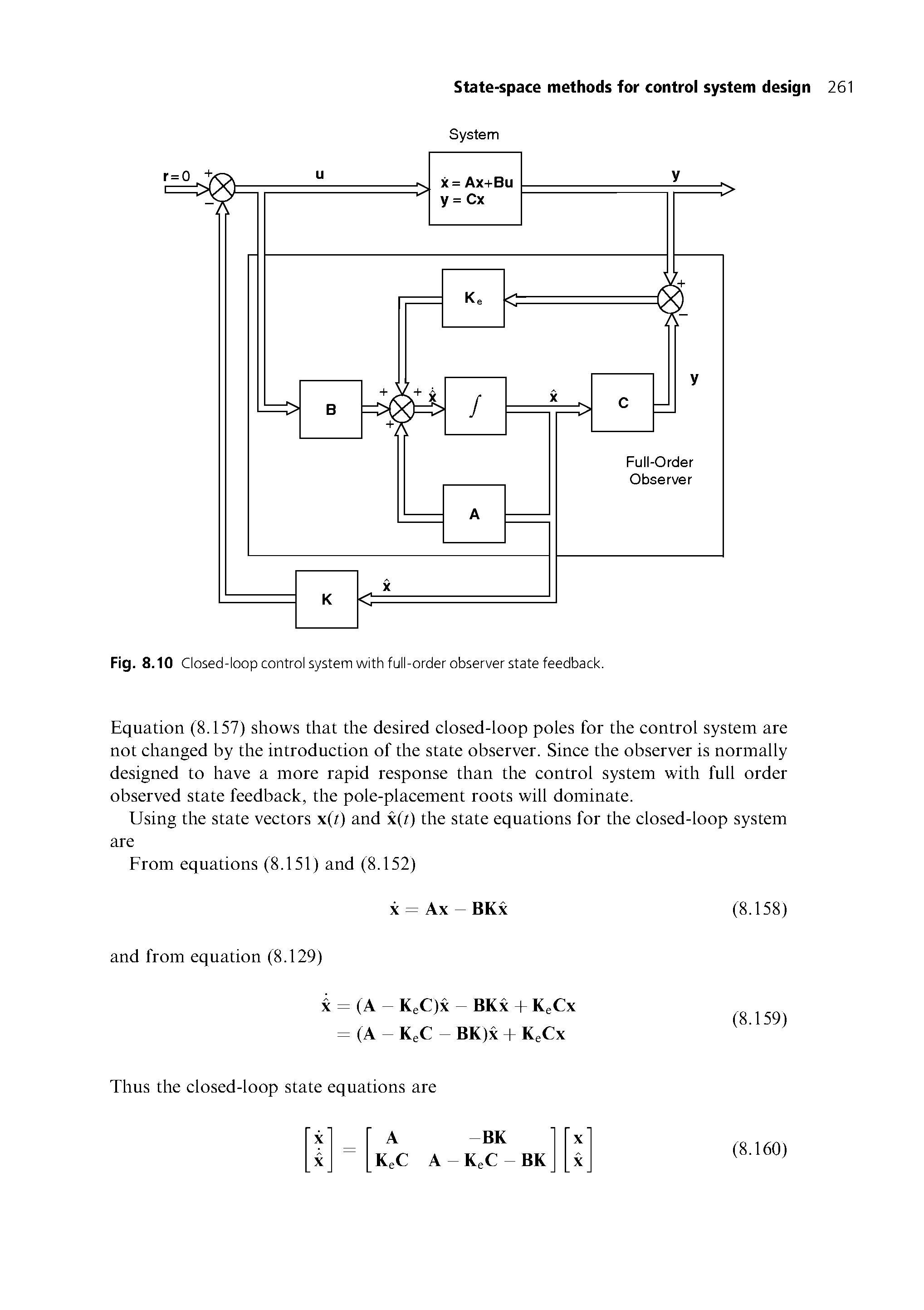 Fig. 8.10 Closed-loop control system with full-order observer state feedback.