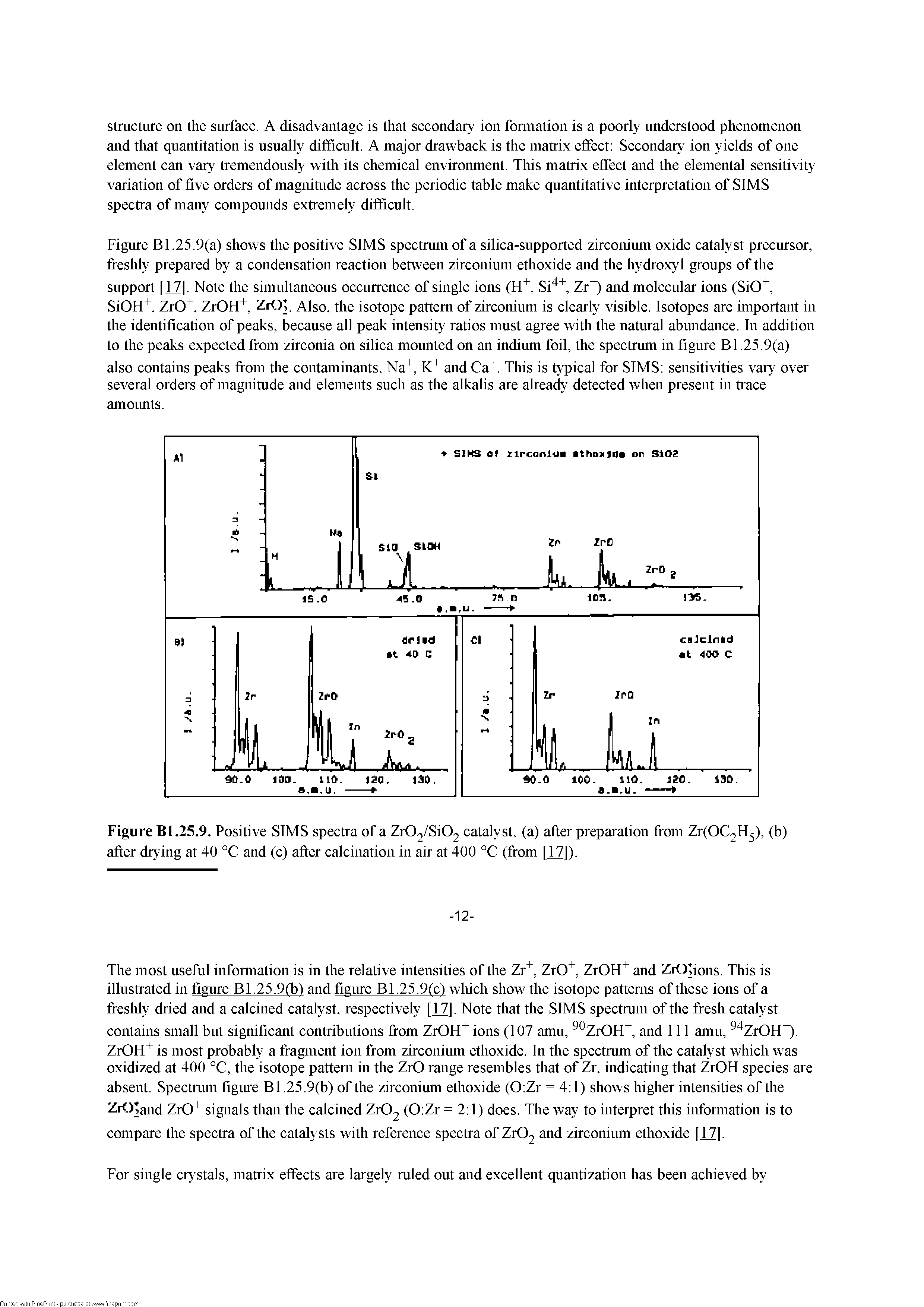 Figure Bl.25.9. Positive SIMS spectra of a Zr02/Si02 catalyst, (a) after preparation from Zr(OC2Ftj), (b) after drying at 40 °C and (c) after calcination in air at 400 °C (from [17]).