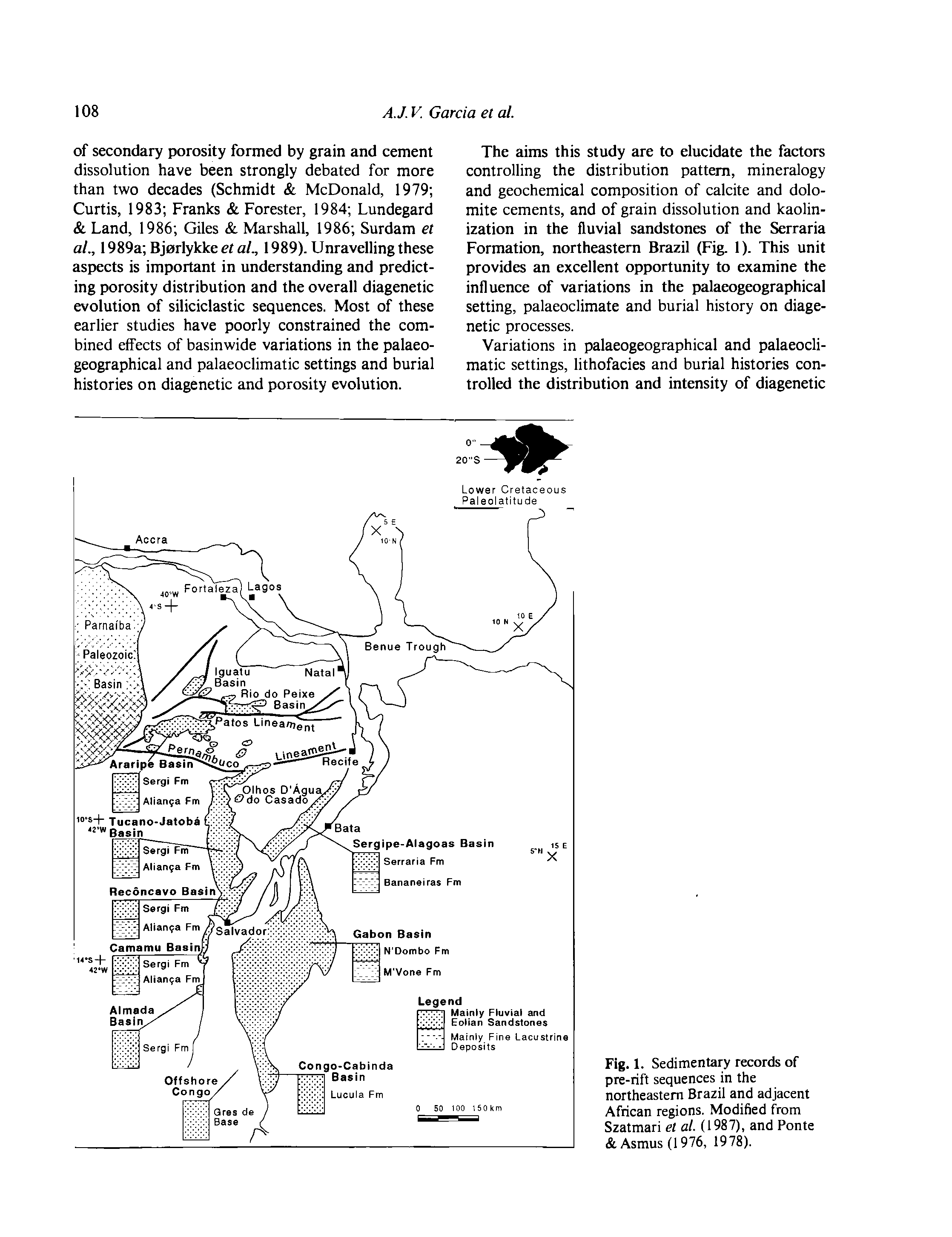 Fig. 1. Sedimentary records of pre-rift sequences in the northeastern Brazil and adjacent African regions. Modified from Szatmari et al. (1987), and Ponte Asmus(1976, 1978).