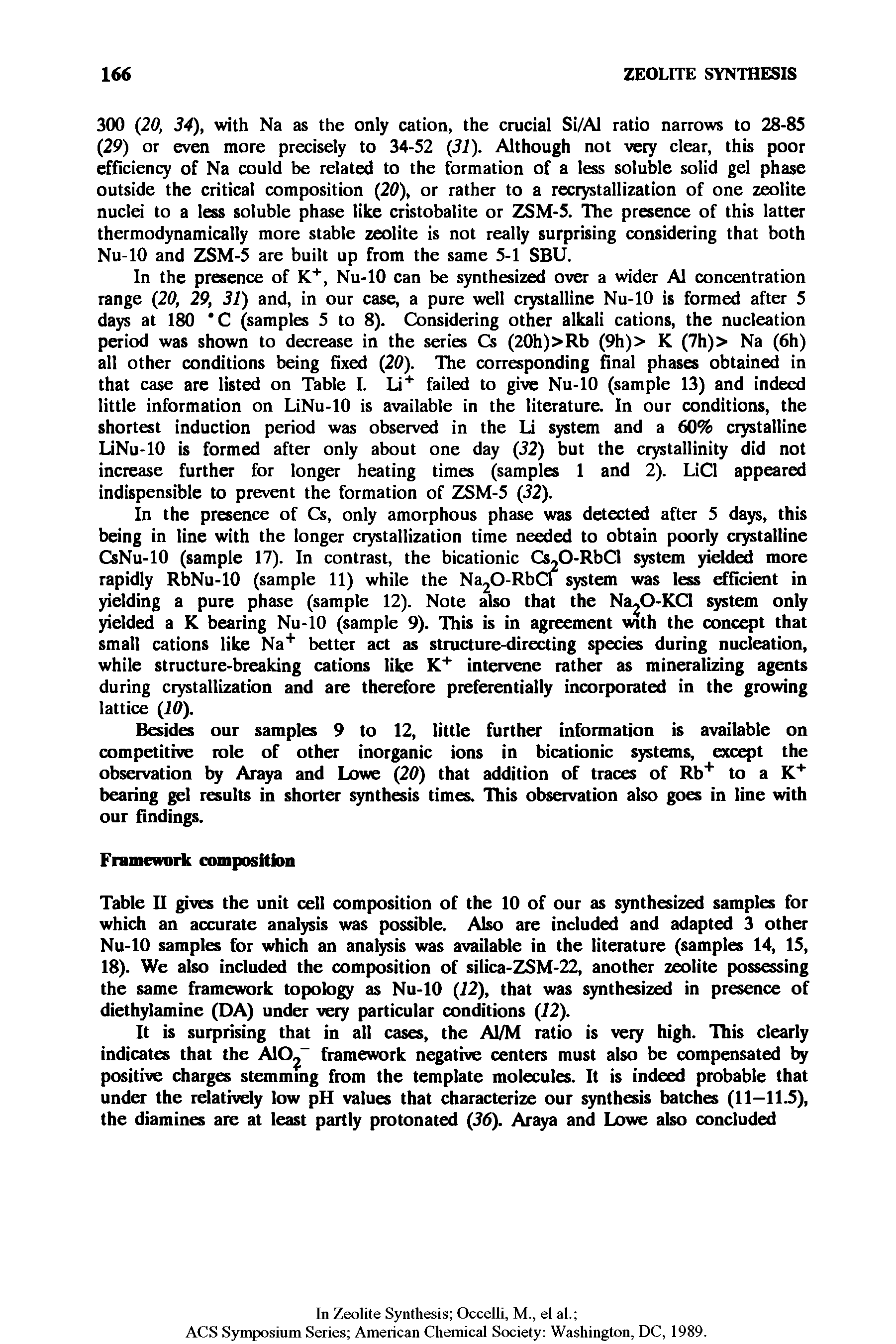 Table II gives the unit cell composition of the 10 of our as synthesized samples for which an accurate analysis was possible. Also are included and adapted 3 other Nu-10 samples for which an analysis was available in the literature (samples 14, 15, 18). We also included the composition of silica-ZSM-22, another zeolite possessing the same framework topology as Nu-10 (12), that was synthesized in presence of diethylamine (DA) under veiy particular conditions (12).