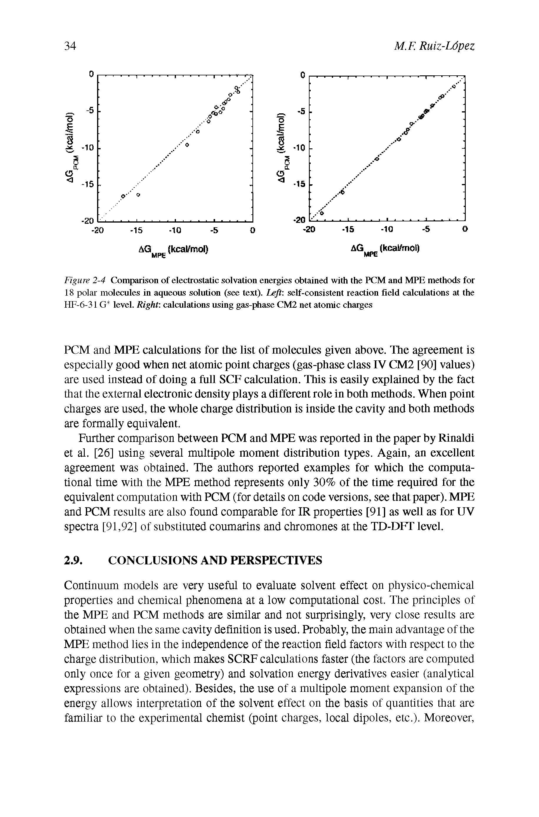 Figure 2-4 Comparison of electrostatic solvation energies obtained with the PCM and MPE methods for 18 polar molecules in aqueous solution (see text). Left self-consistent reaction field calculations at the HF-6-31 G level. Right calculations using gas-phase CM2 net atomic charges...