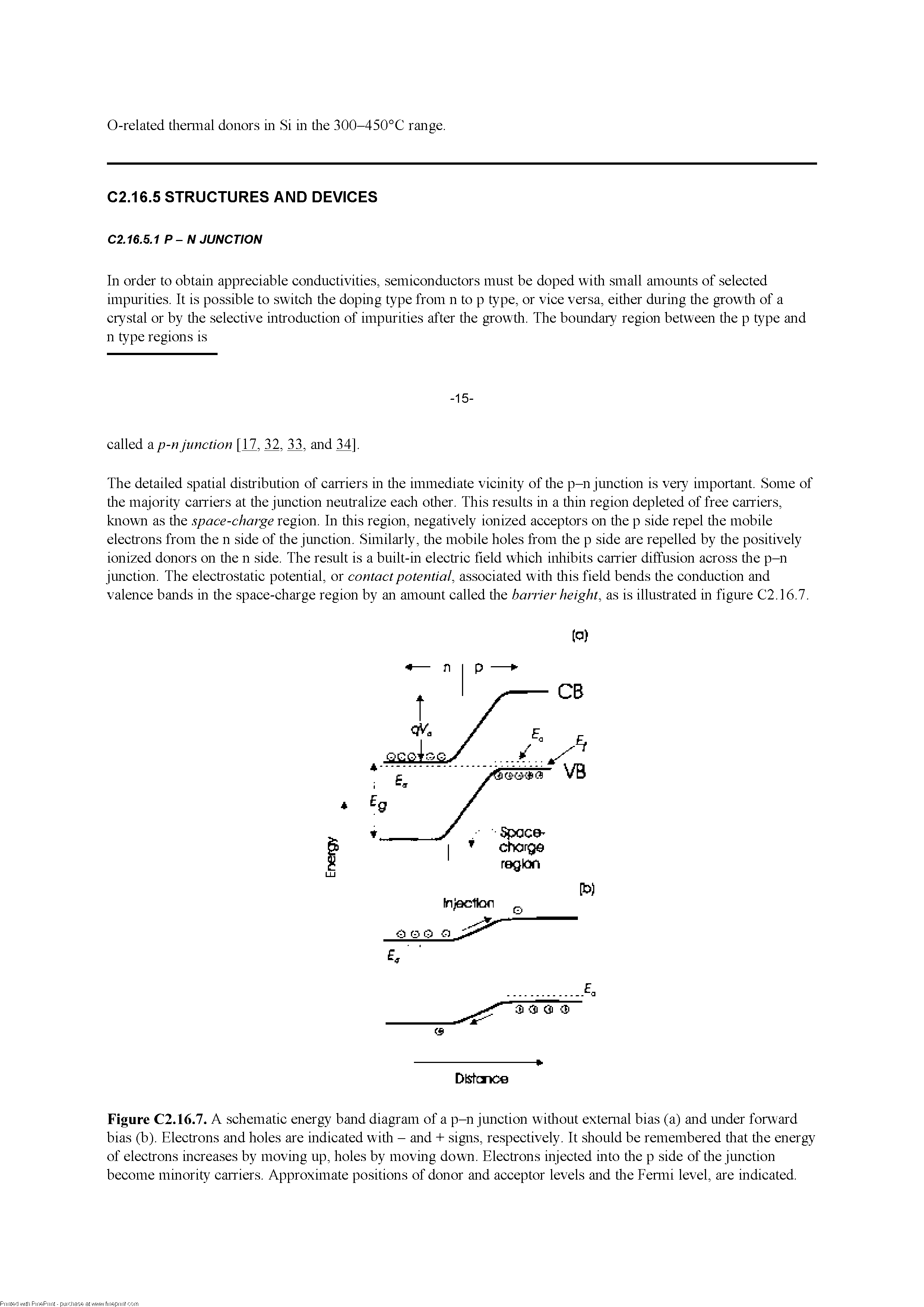 Figure C2.16.7. A schematic energy band diagram of a p-n junction witliout external bias (a) and under forward bias (b). Electrons and holes are indicated witli - and + signs, respectively. It should be remembered tliat tlie energy of electrons increases by moving up, holes by moving down. Electrons injected into tlie p side of tlie junction become minority carriers. Approximate positions of donor and acceptor levels and tlie Feniii level, are indicated.