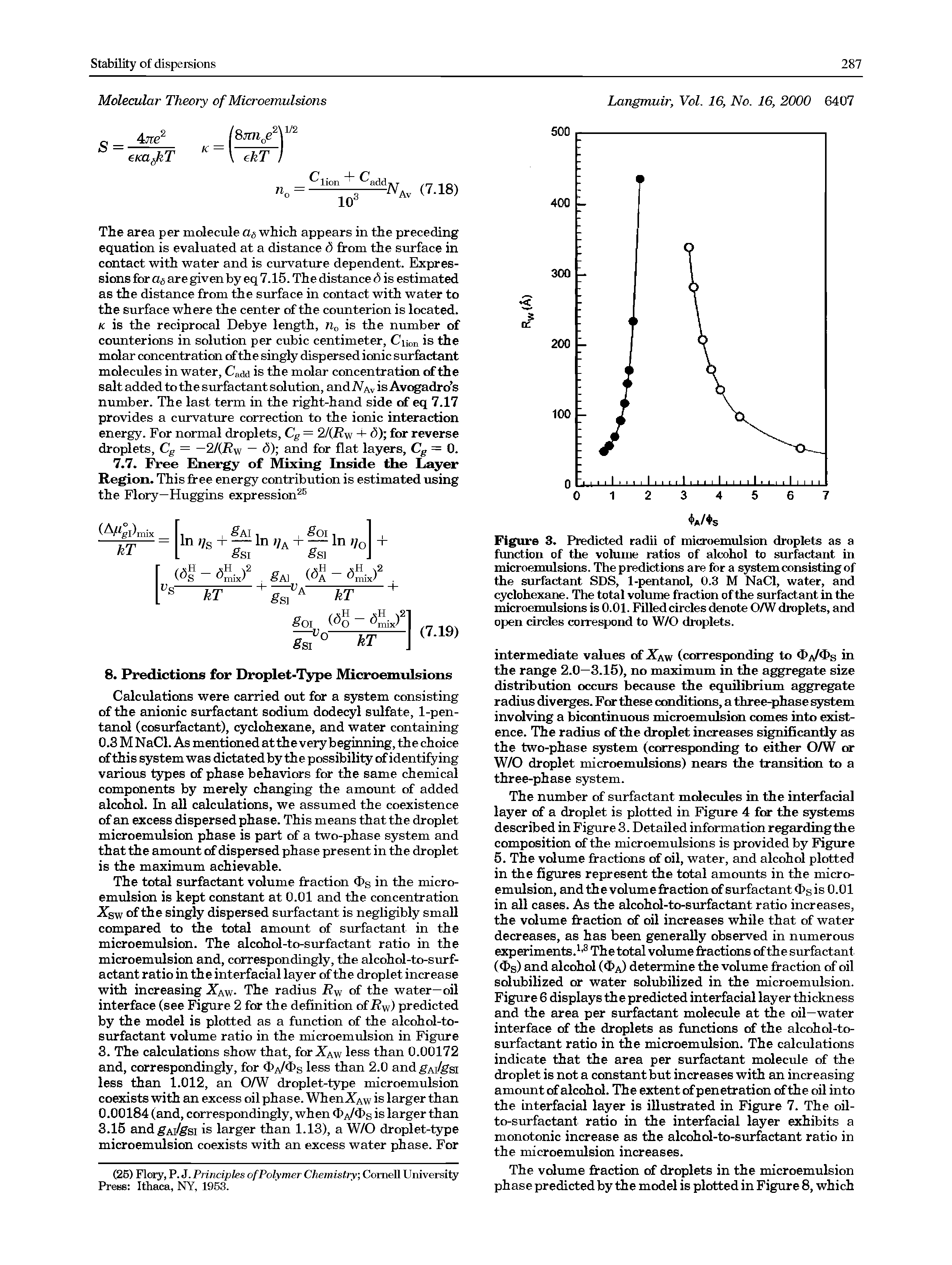 Figure 3. Predicted radii of microemulsion droplets as a function of the volume ratios of alcohol to surfactant in microemulsions. The predictions are for a system consisting of the surfactant SDS, 1-pentanol, 0.3 M NaCl, water, and cyclohexane. The total volume fraction of the surfactant in the microemulsions is 0.01. Filled circles denote O/W droplets, and open circles correspond to W/O droplets.