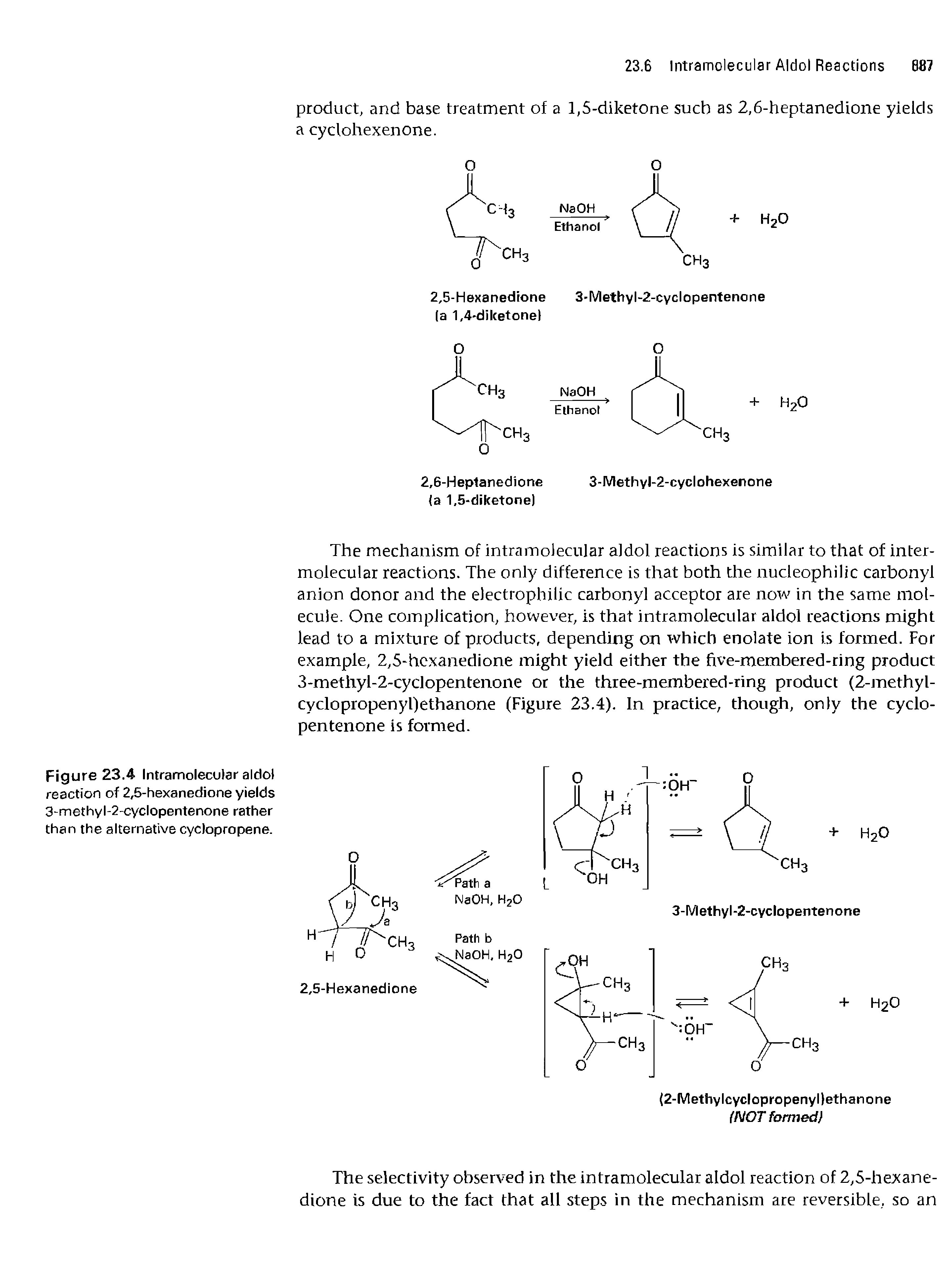 Figure 23.4 Intramolecular aldol reaction of 2,5-hexanedione yields 3-methyl-2-cyclopentenone rather than the alternative cyclopropene.