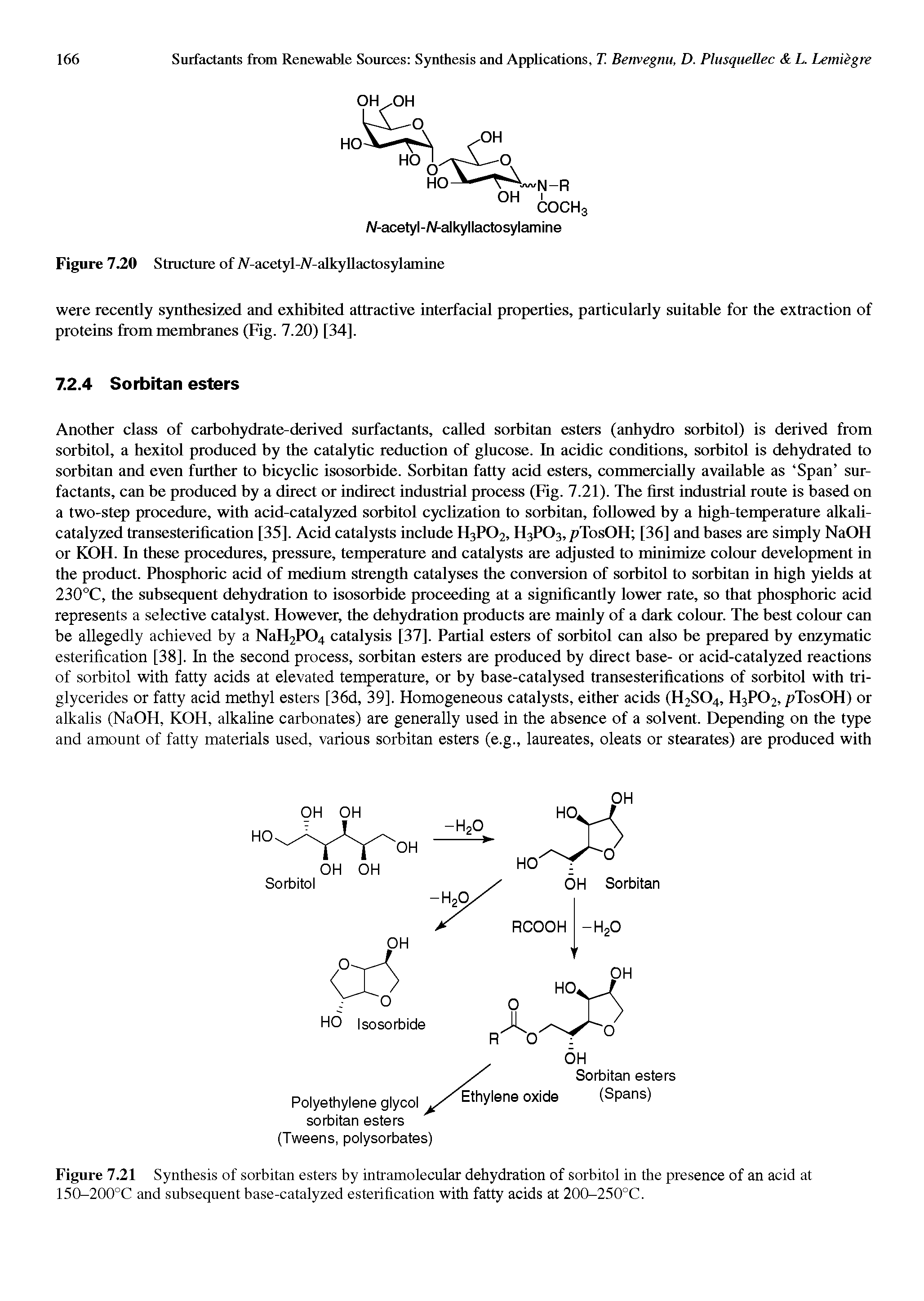 Figure 7.21 Synthesis of sorbitan esters by intramolecular dehydration of sorbitol in the presence of an acid at 150-200°C and subsequent base-catalyzed esterification with fatty acids at 200-250°C.