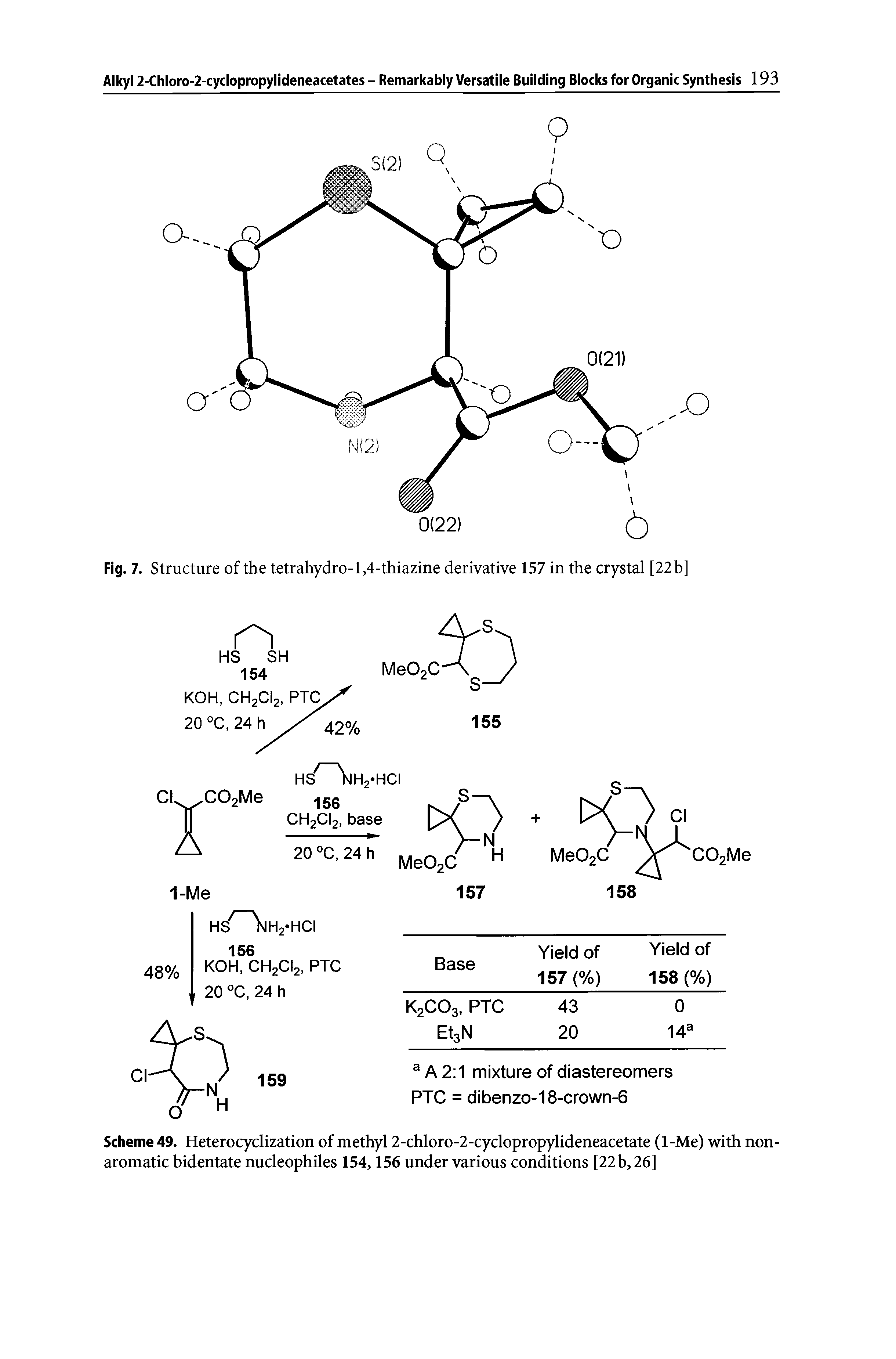 Scheme 49. Heterocyclization of methyl 2-chloro-2-cyclopropylideneacetate (1-Me) with nonaromatic bidentate nucleophiles 154,156 under various conditions [22b, 26]...