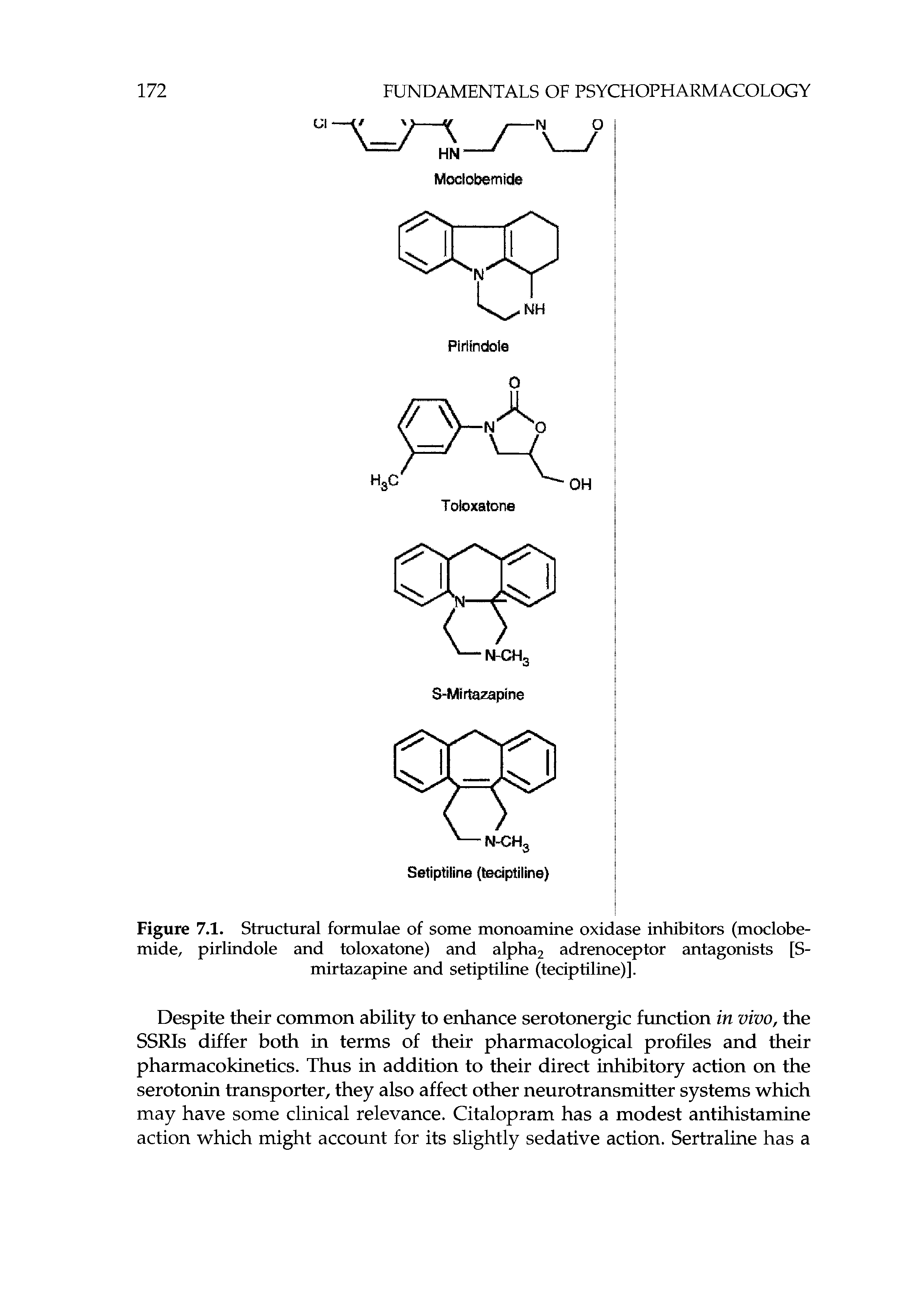 Figure 7.1, Structural formulae of some monoamine oxidase inhibitors (moclobemide, pirlindole and toloxatone) and alpha2 adrenoceptor antagonists [S-...