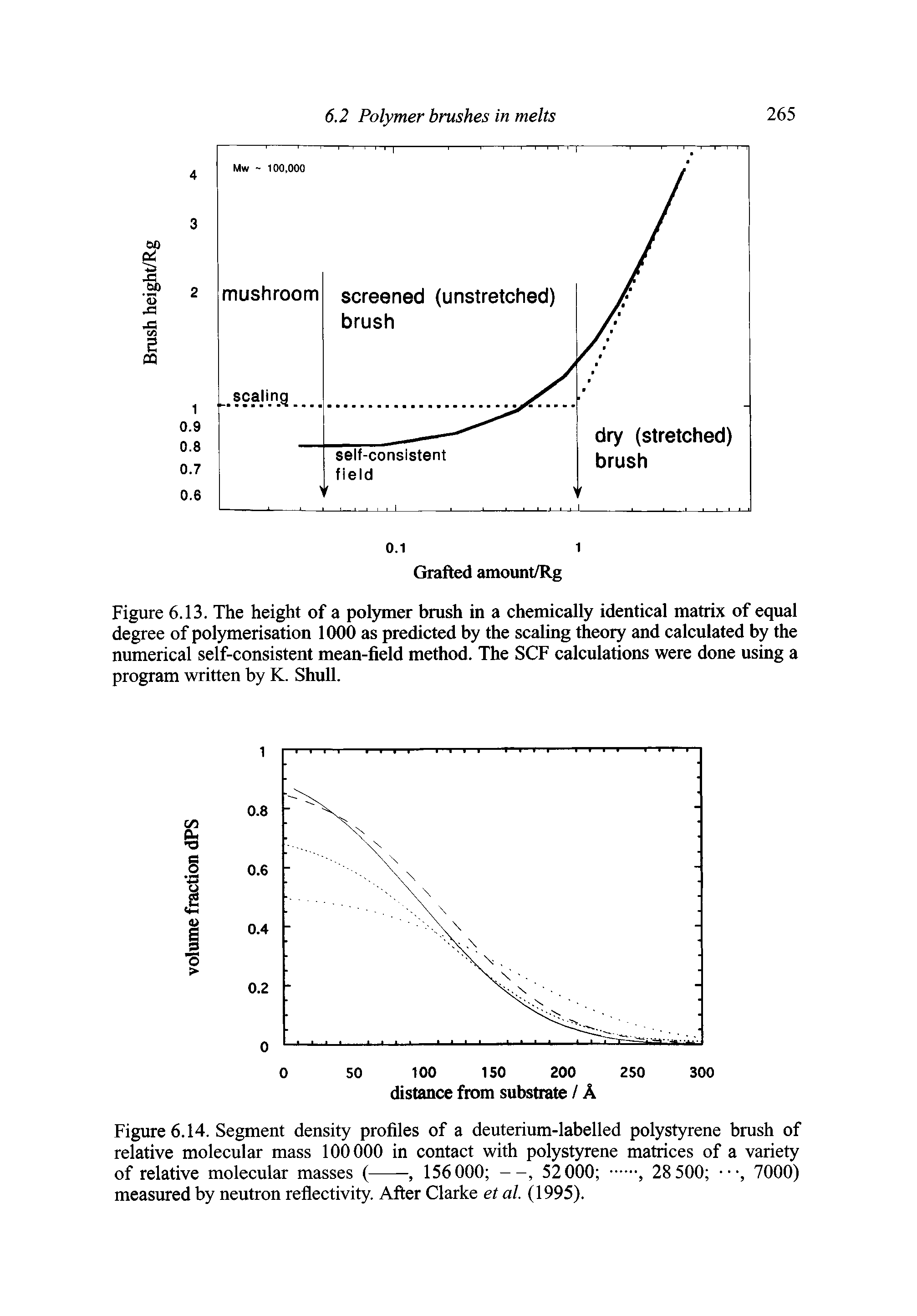 Figure 6.14. Segment density profiles of a deuterium-labelled polystyrene brush of relative molecular mass 100000 in contact with polystyrene matrices of a variety...