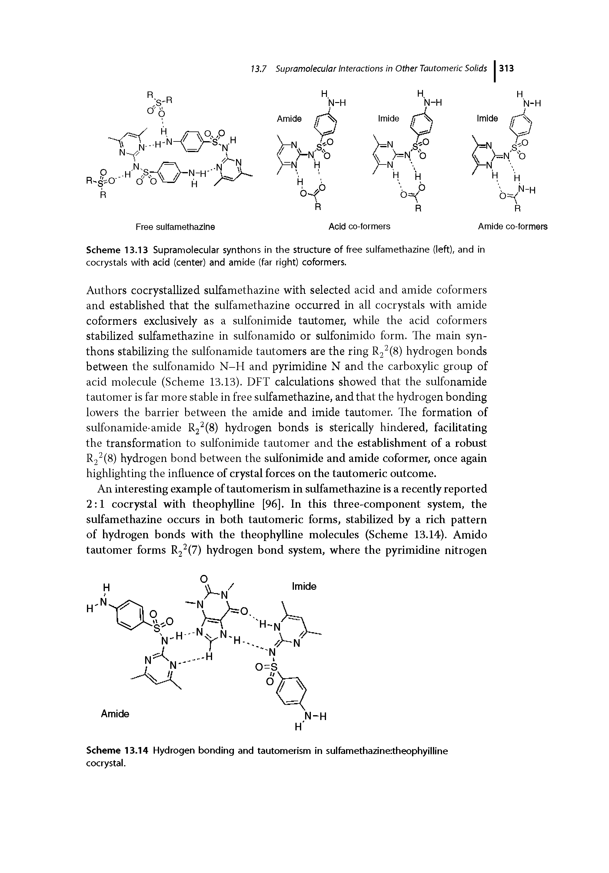 Scheme 13.14 Hydrogen bonding and tautomerism in sulfamethazinertheophyilline cocrystal.