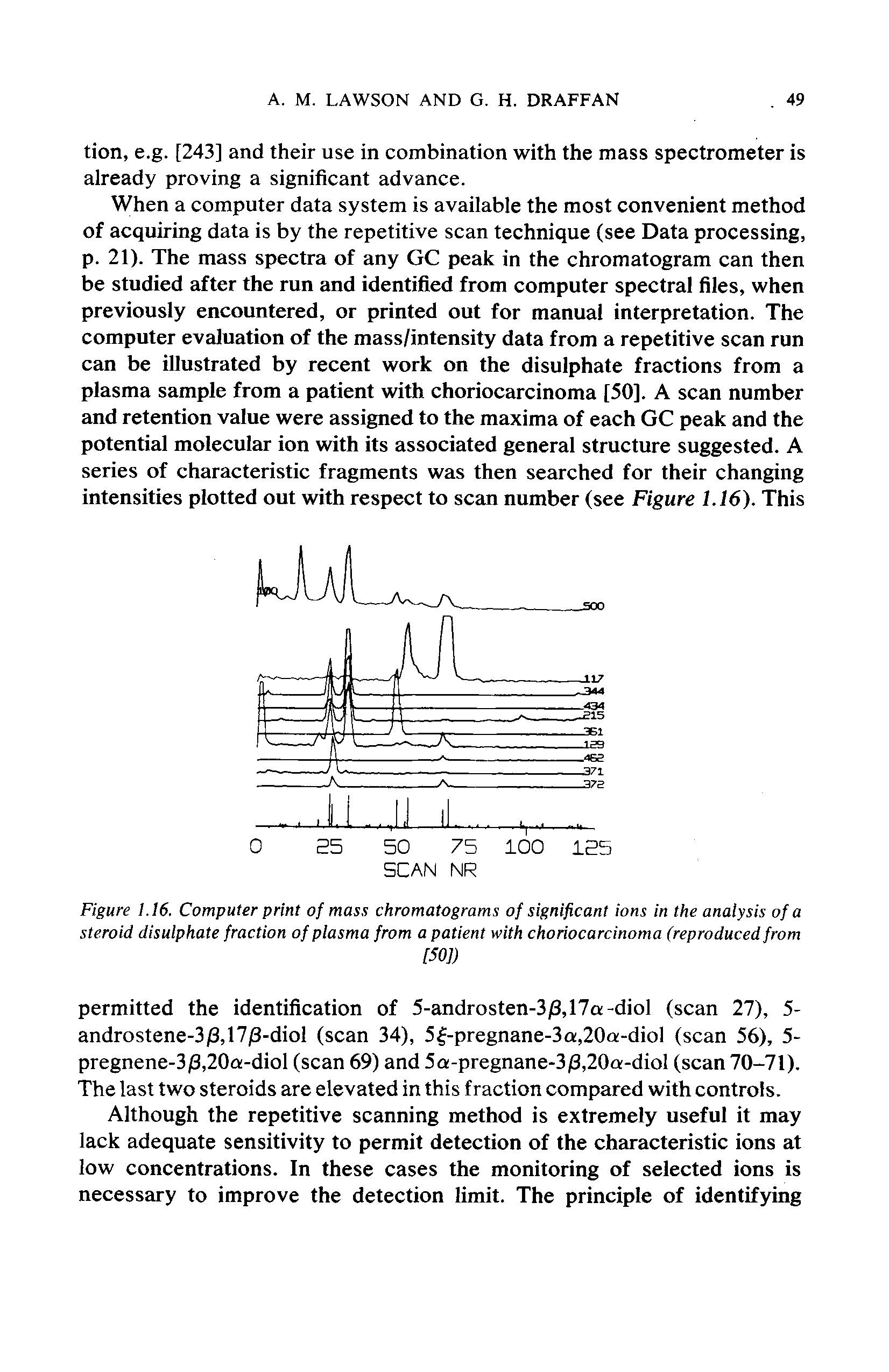 Figure 1.16. Computer print of mas. s chromatograms of significant ions in the analysis of a steroid disulphate fraction of plasma from a patient with choriocarcinoma (reproduced from...