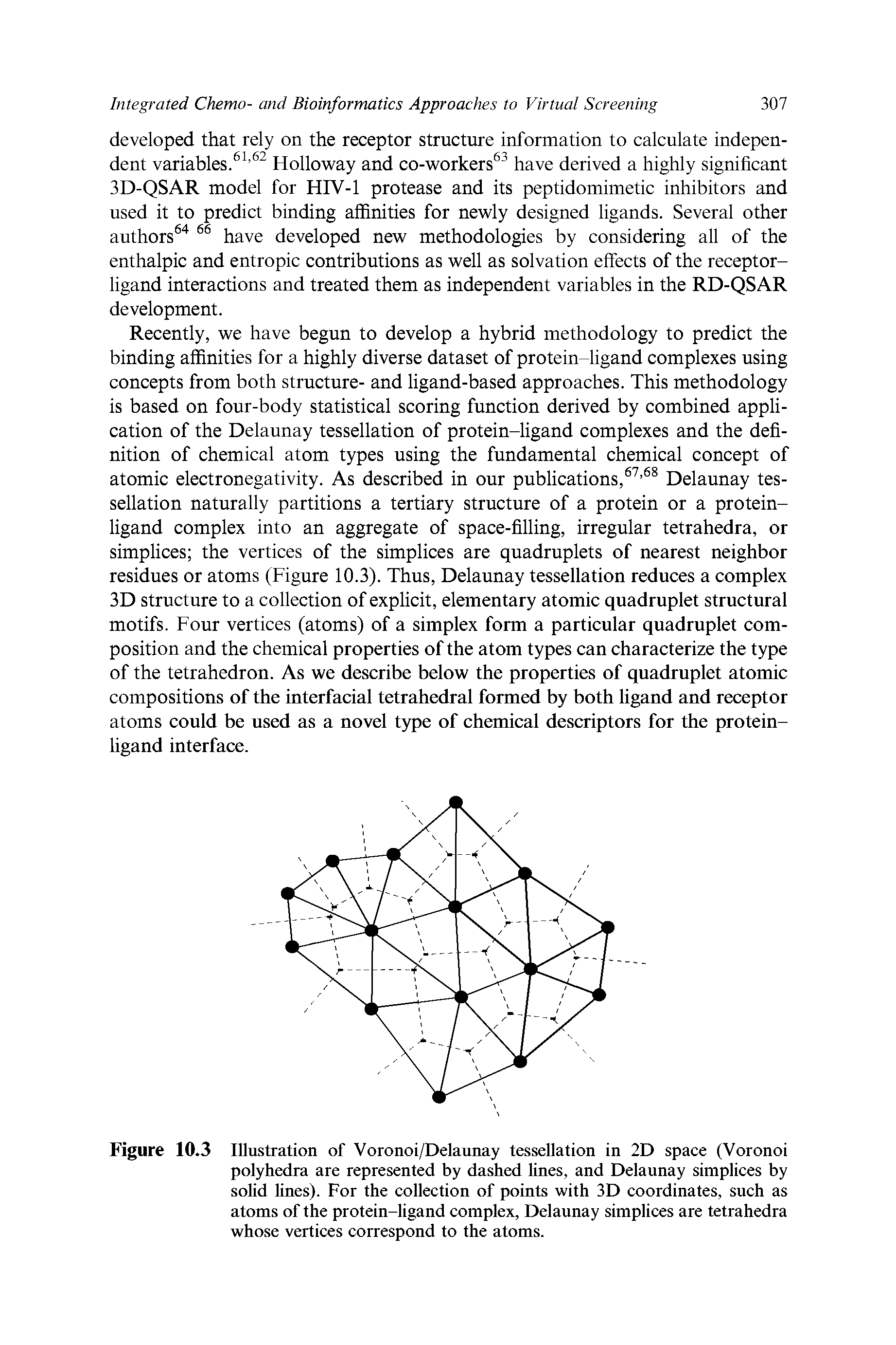 Figure 10.3 Illustration of Voronoi/Delaunay tessellation in 2D space (Voronoi polyhedra are represented by dashed lines, and Delaunay simplices by solid lines). For the collection of points with 3D coordinates, such as atoms of the protein-ligand complex, Delaunay simplices are tetrahedra whose vertices correspond to the atoms.