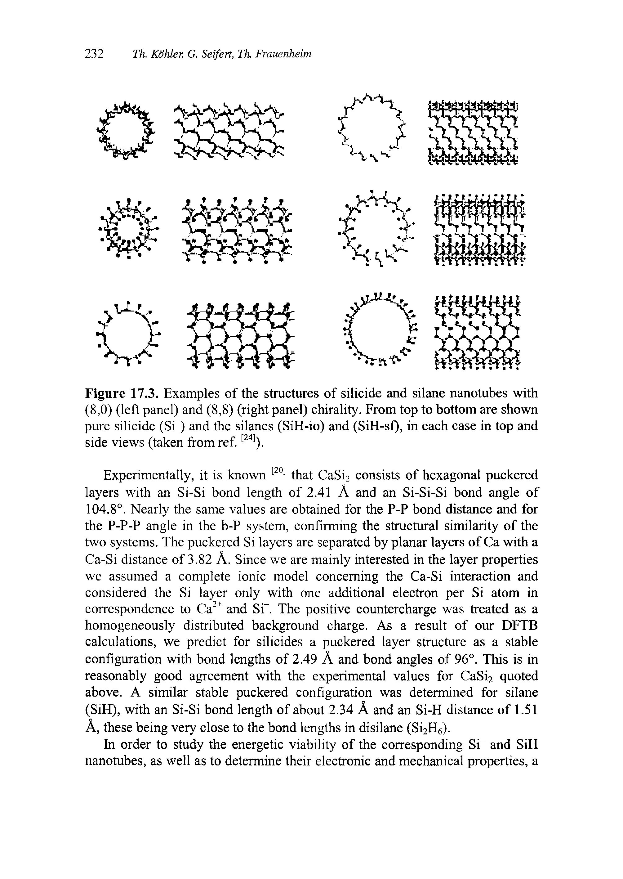Figure 17.3. Examples of the structures of silicide and silane nanotubes with (8,0) (left panel) and (8,8) (right panel) chirality. From top to bottom are shown pure silicide (Si ) and the silanes (SiH-io) and (SiH-sf), in each case in top and side views (taken from ref...