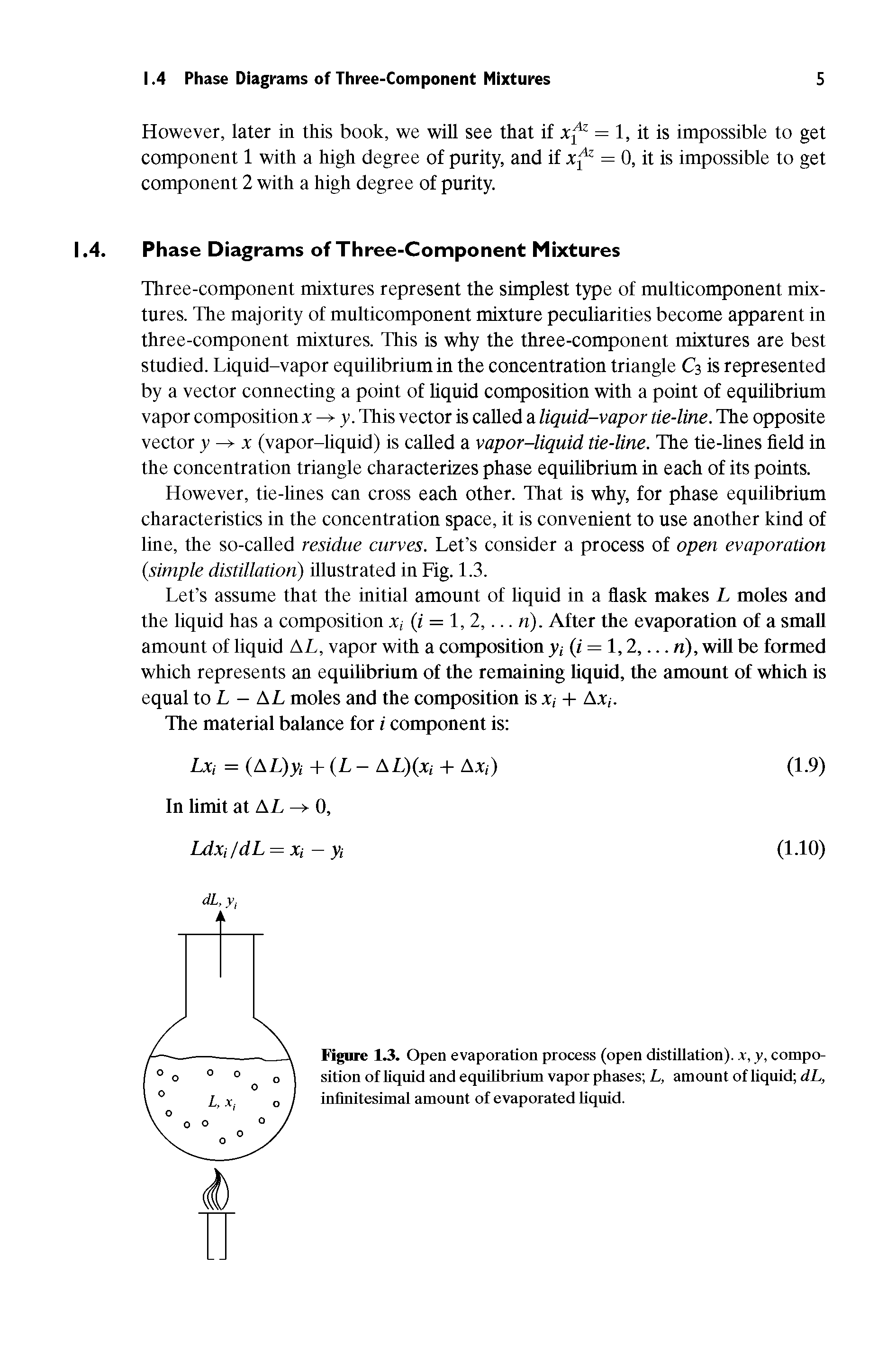 Figure 1.3. Open evaporation process (open distillation), x, y, composition of liquid and equrtibrium vapor phases L, amount of liquid dL, infinitesimal amount of evaporated hquid.