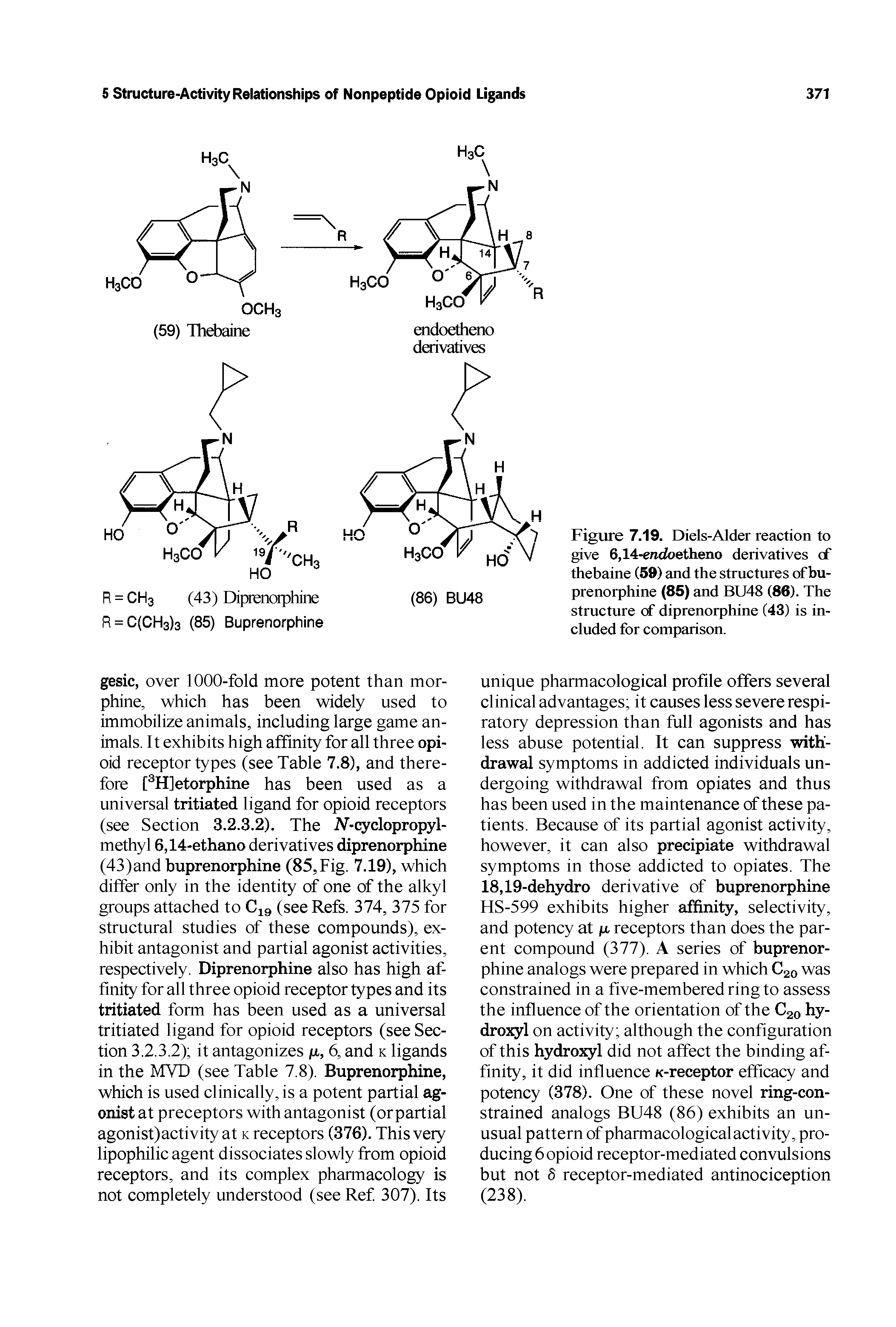 Figure 7.19. Diels-Alder reaction to give 6,14-encfoetheno derivatives cf thebaine (59) and the structures of buprenorphine (85) and BU48 (86). The structure of diprenorphine (43) is included for comparison.