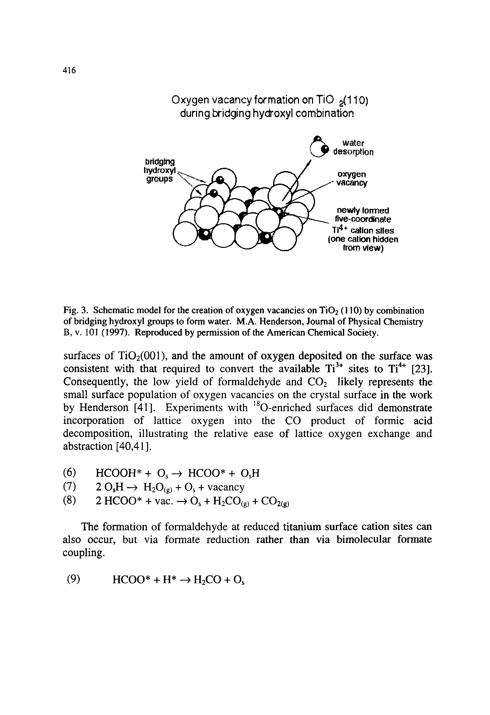 Fig. 3. Schematic model for the creation of oxygen vacancies on Ti02 (110) by combination of bridging hydroxyl groups to form water. M.A. Henderson, Journal of Physical Chemistry B, V. 101 (1997). Reproduced by permission of the American Chemical Society.