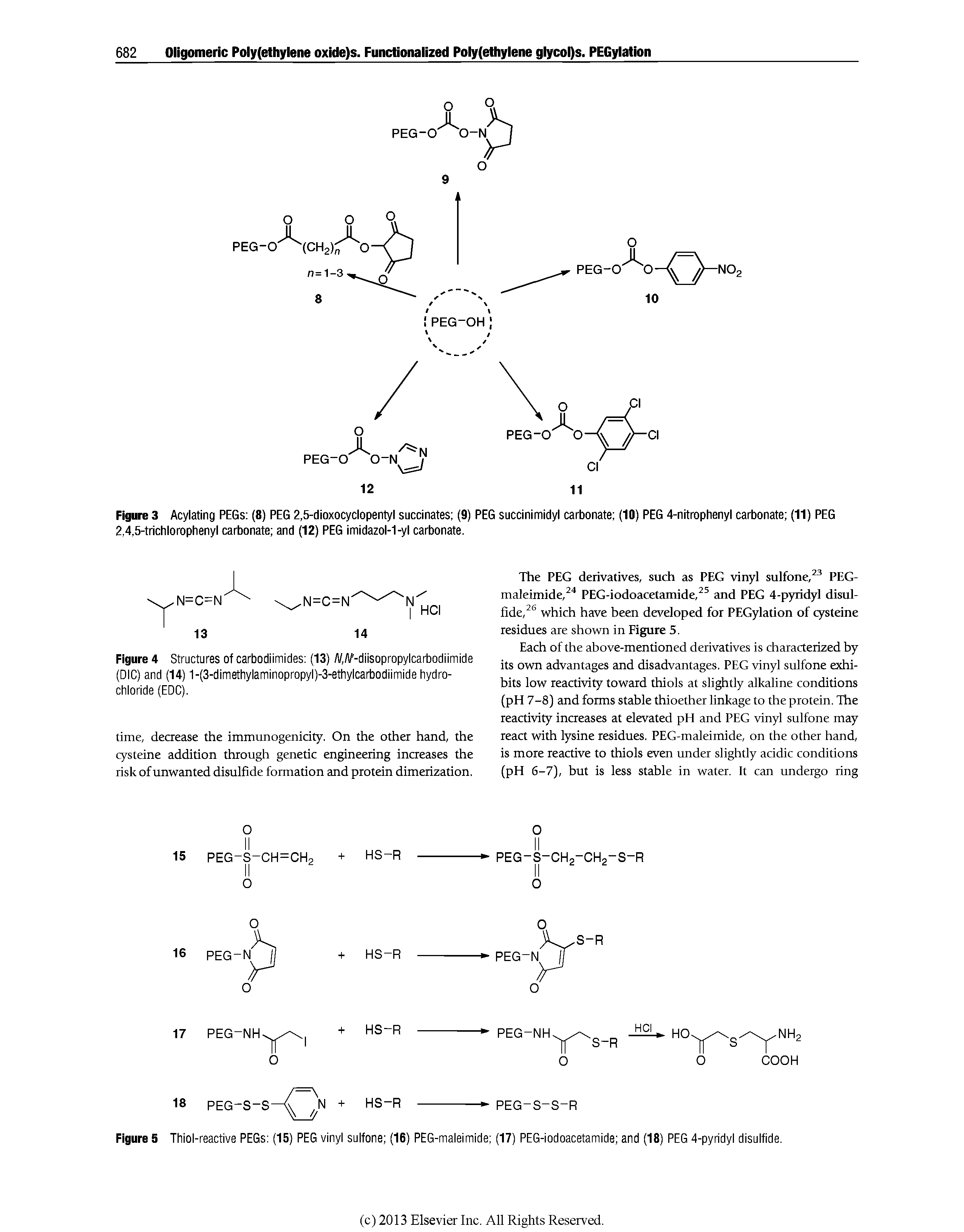 Figure 3 Acylating PEGs (8) PEG 2,5-dioxocyclopentyl succinates (9) PEG succinimidyl carbonate (10) PEG 4-nitrophenyl carbonate (11) PEG 2,4,5-trichlorophenyl carbonate and (12) PEG imidazol-1-yl carbonate.
