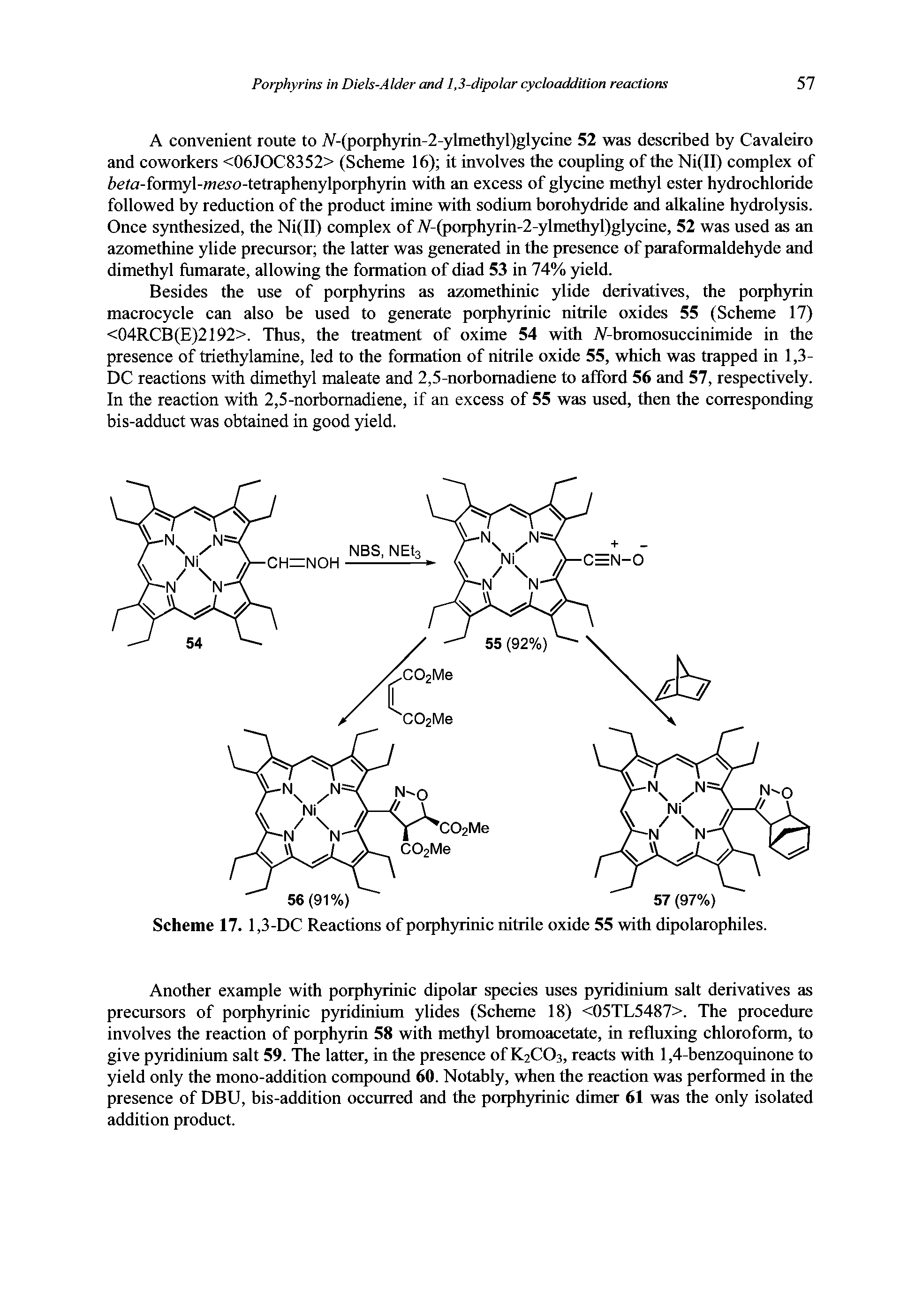Scheme 17. 1,3-DC Reactions of porphyrinic nitrile oxide 55 with dipolarophiles.